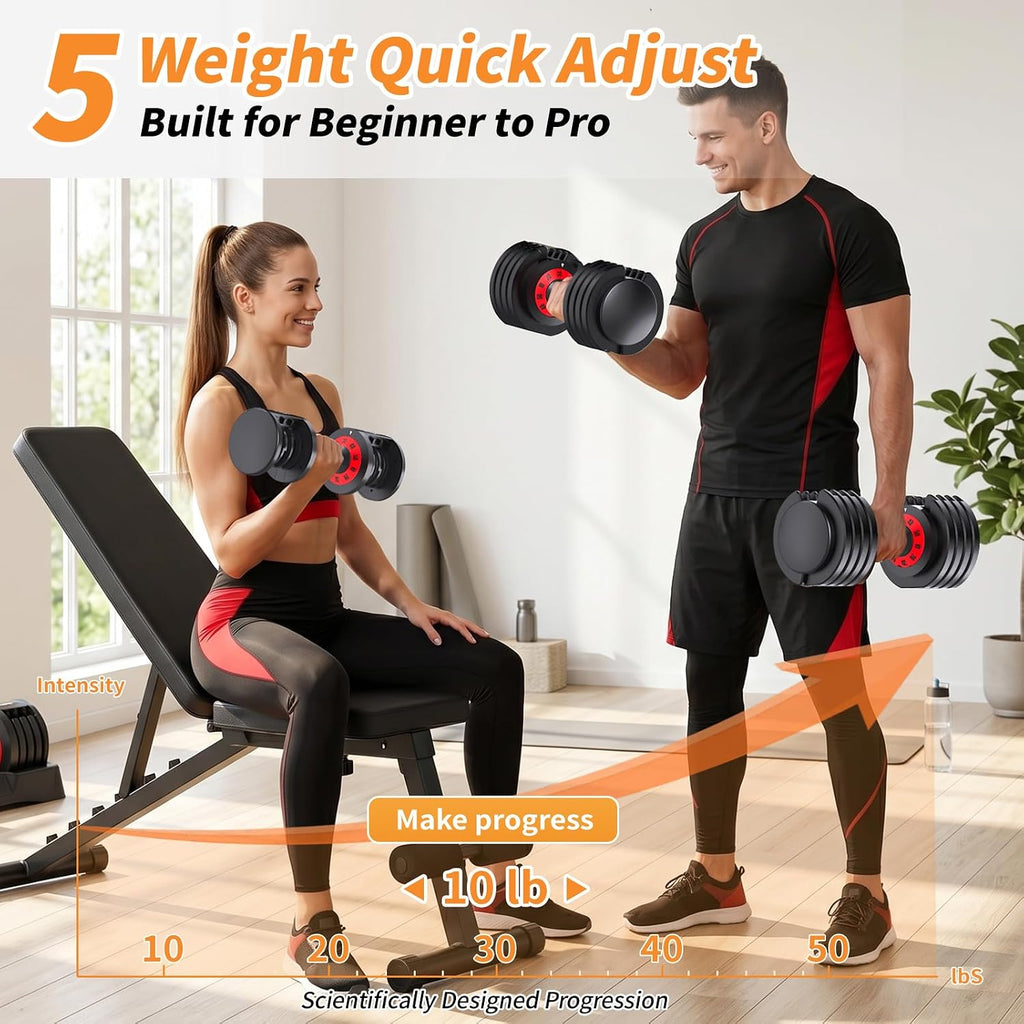 Adjustable Dumbbell Set of 2, 50LBS/100LBS Weights Dumbbell Set with Storage Box, 25lbs/50lbs Pair Adjustable Weights with Anti-slip Silicone Grip, 5-in-1/10-in-1 Quick-Lock Hand Weight Set For Home Gym Suit both Men and Women