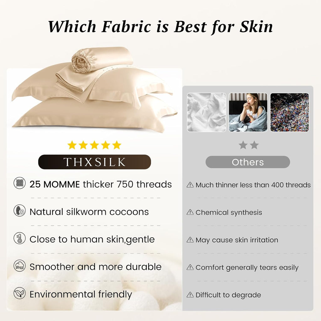 THXSILK Silk Sheet Set 4 Pcs, 25 Momme 100% Top Grade Pure Mulberry Silk Bed Sheets Luxury Bedding Sets Ultra Soft Durable, 1 Fitted Sheet, 1 Flat Sheet and 2 Pillow Shams (Full, Champagne)