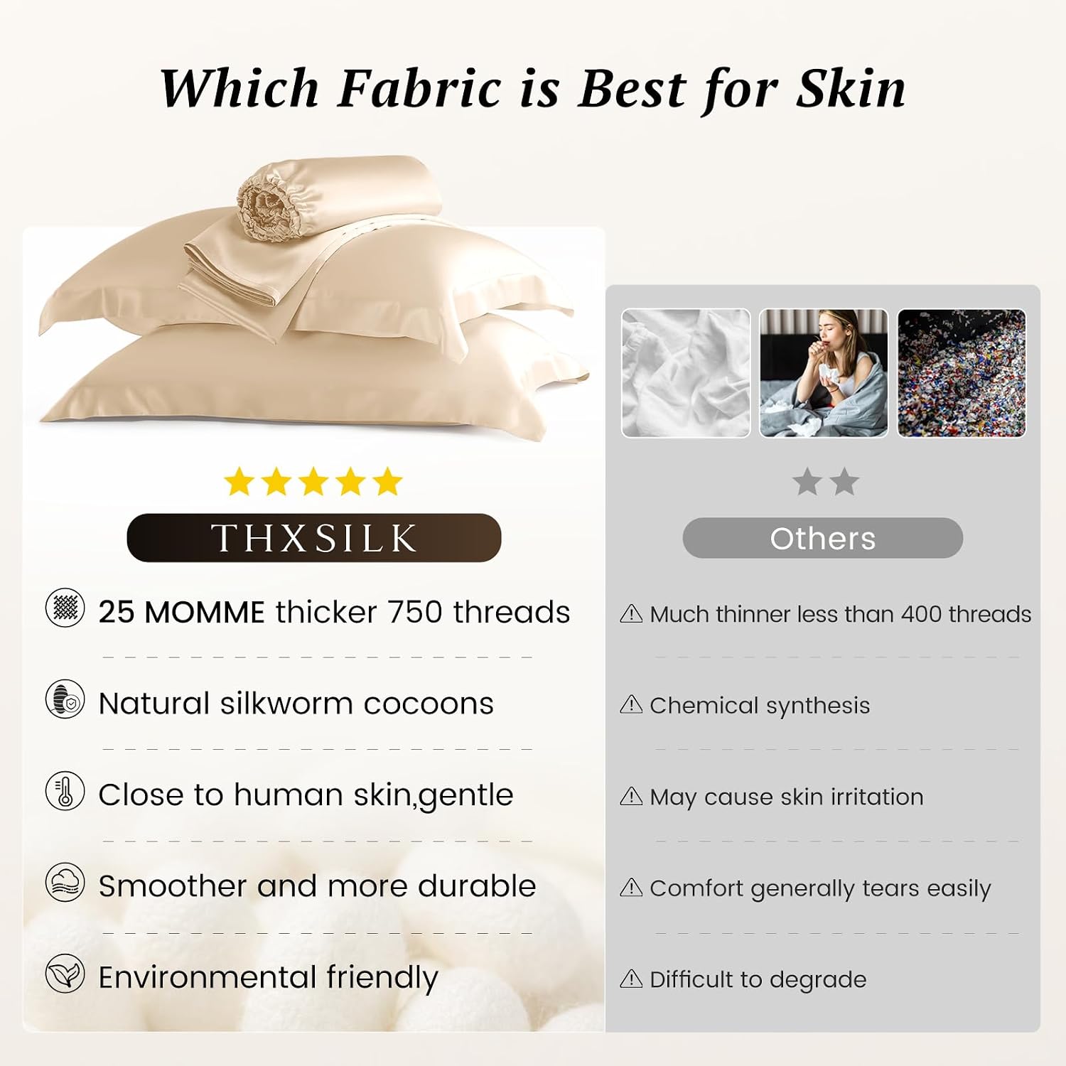 THXSILK Silk Sheet Set 4 Pcs, 25 Momme 100% Top Grade Pure Mulberry Silk Bed Sheets Luxury Bedding Sets Ultra Soft Durable, 1 Fitted Sheet, 1 Flat Sheet and 2 Pillow Shams (Full, Champagne)