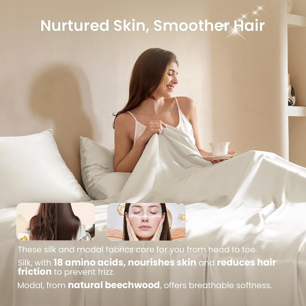 THXSILK Luxury Mulberry Silk Bed Sheets Set - 4pcs Silk Sheets Set 16' Deep Pocket - 1 Fitted Sheet, 1 Flat Sheet, 2 Pillowcases with Zipper Closure - Full, White