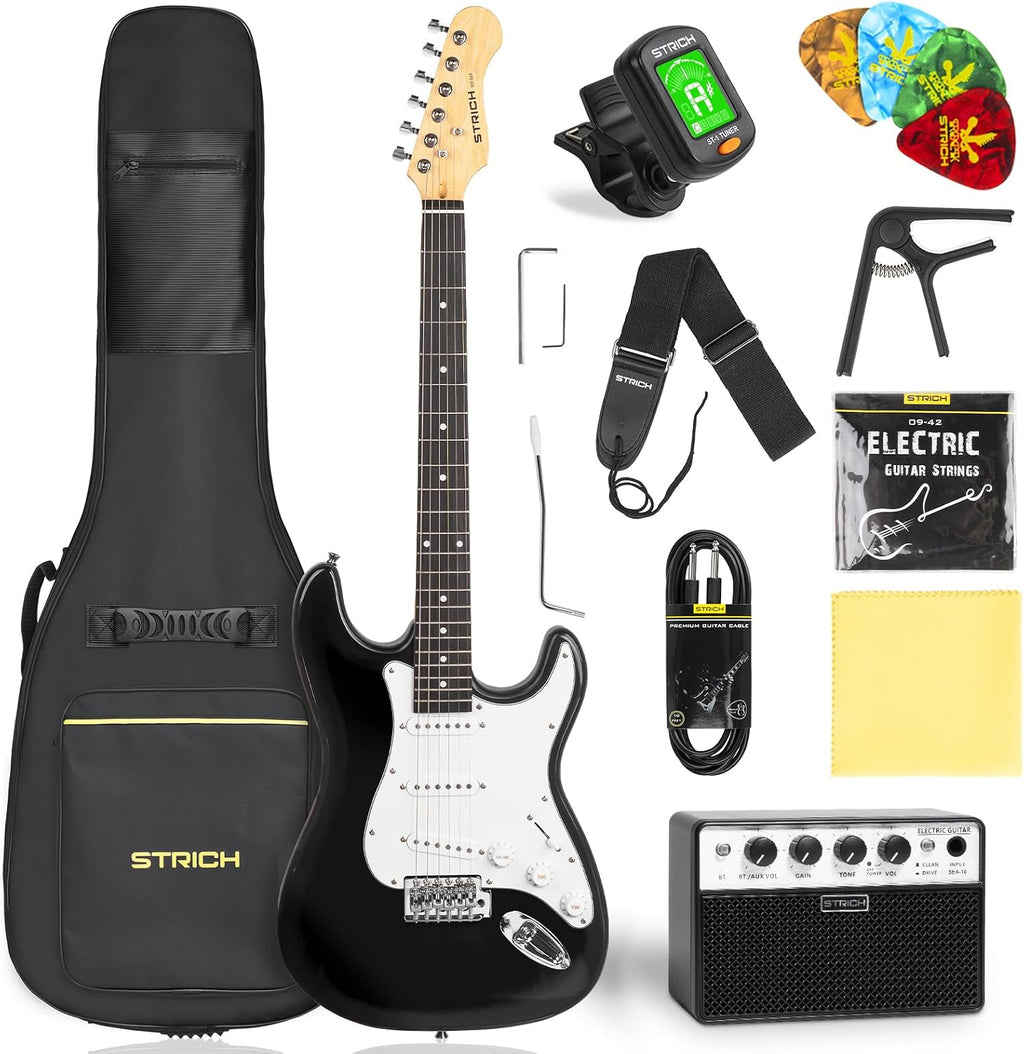 STRICH Electric Guitar Beginner Kit, Solid Body 39' Full Size Electric Guitar SSS Pick Up for Starter, with 5W x 2 Amp, Bag, Digital Tuner, Capo, Strap, String,Cable, Picks, SST-S10 Black