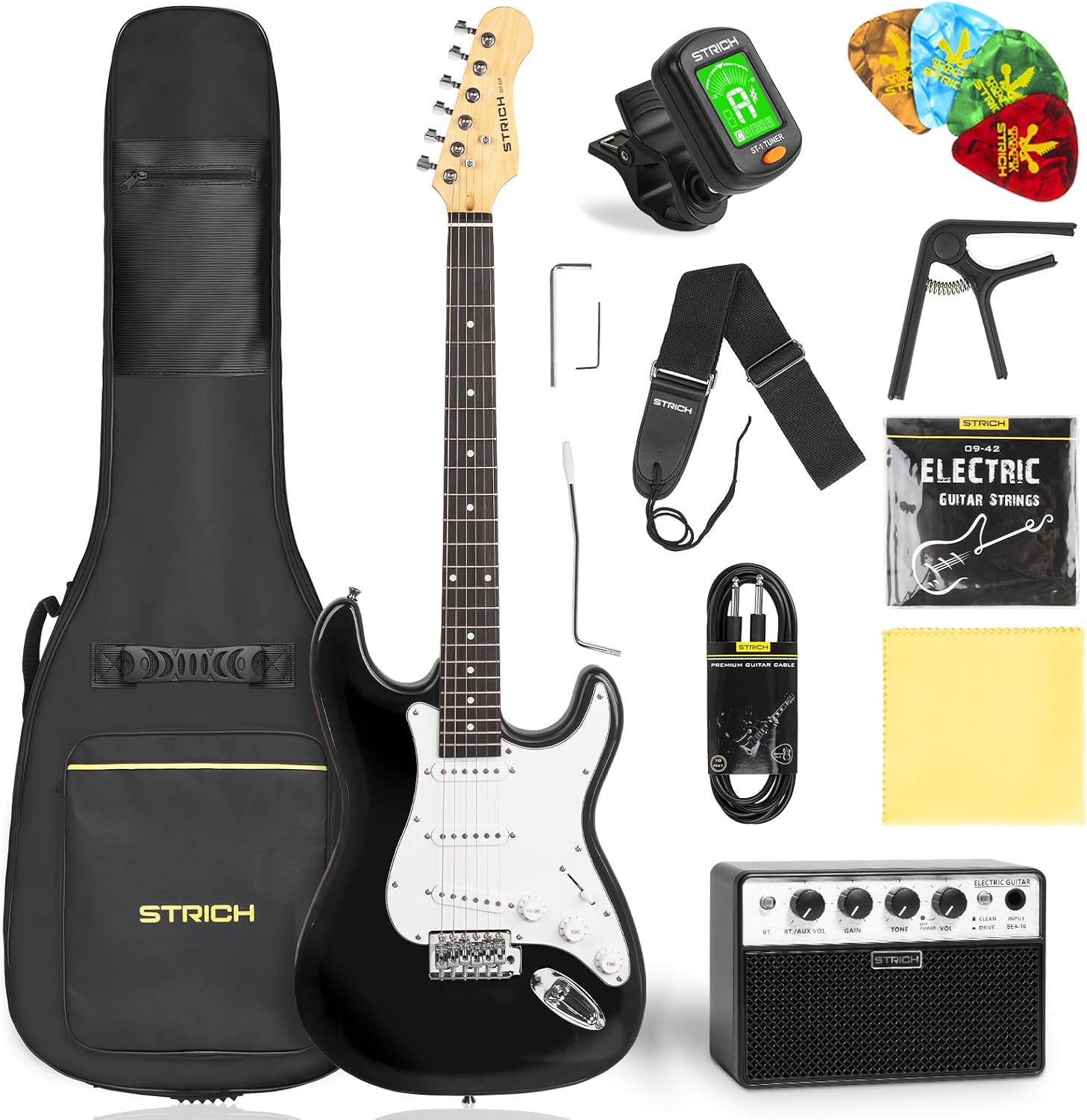 STRICH Electric Guitar Beginner Kit, Solid Body 39' Full Size Electric Guitar SSS Pick Up for Starter, with 5W x 2 Amp, Bag, Digital Tuner, Capo, Strap, String,Cable, Picks, SST-S10 Black