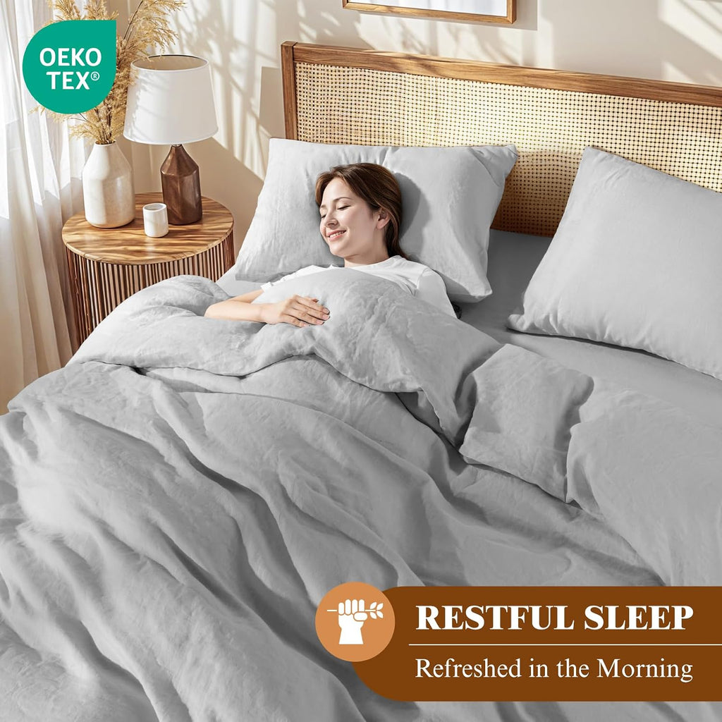 LBRO2M 100% France Linen Duvet Cover Set 3 Pcs Natural Flax Duvet Cover Set 2 Pillowcase 1 Duvet Cover with Zipper (Gray Full)