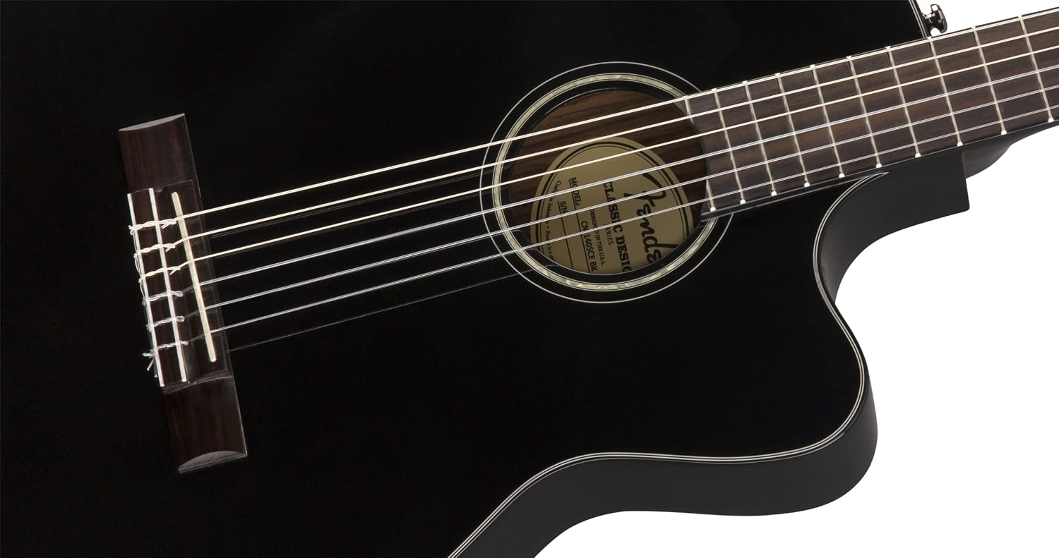 Fender CN-140SCE Thinline Concert Nylon String Acoustic Guitar, with 2-Year Warranty, Black, with Case