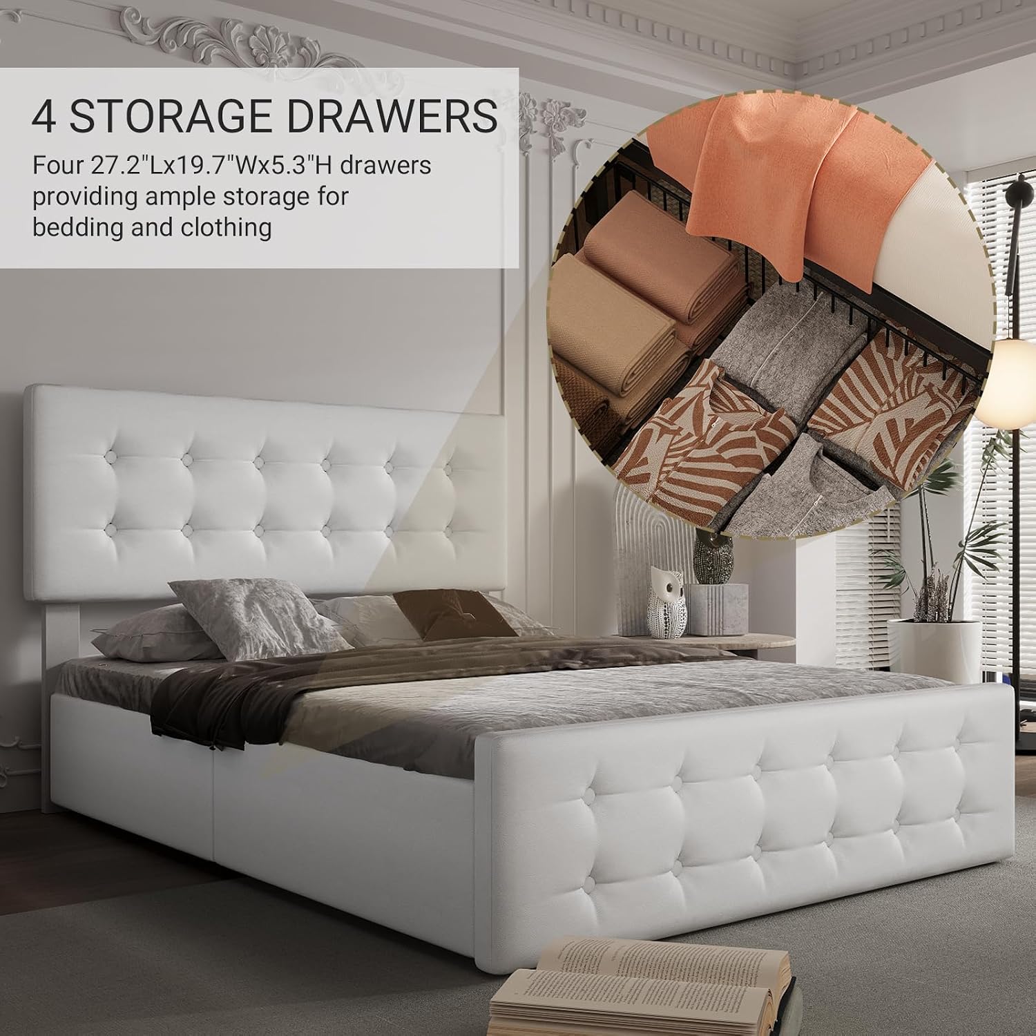 Full Size Platform Bed Frame with 4 Storage Drawers & Headboard, Faux Leather Upholstered, Button Tufted Design, Wooden Slats Support, Noise-Free Mattress Foundation, No Box Spring Needed, Beige