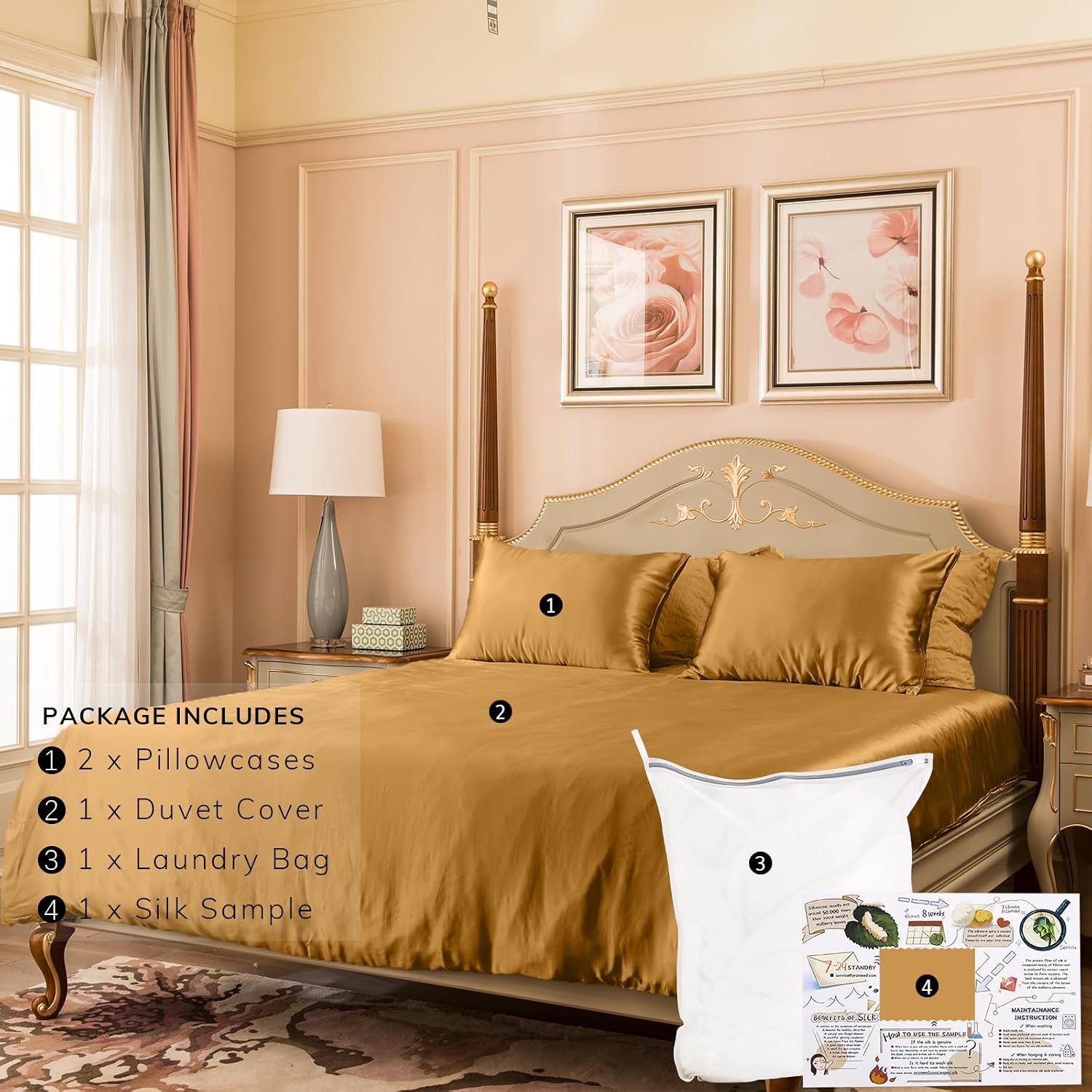 PROMEED 100% Mulberry Silk Duvet Cover Set 3PCS Full Size, Real 23 Momme Grade 6A Silk Bedding Set with Duvet Cover and Pillowcases (Gold, Full)