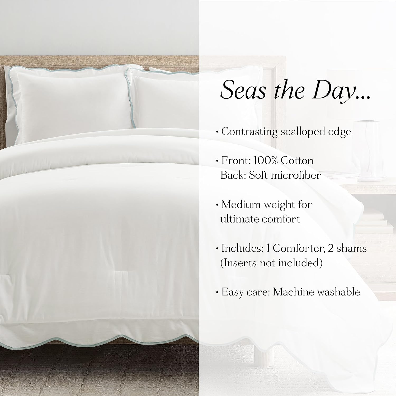 Lush Decor Coastal Chic Scalloped Edge Comforter Set, 3 Piece Set King/California King, Blue & White - King Bedding Set - White Comforter King Size - Coastal Decor
