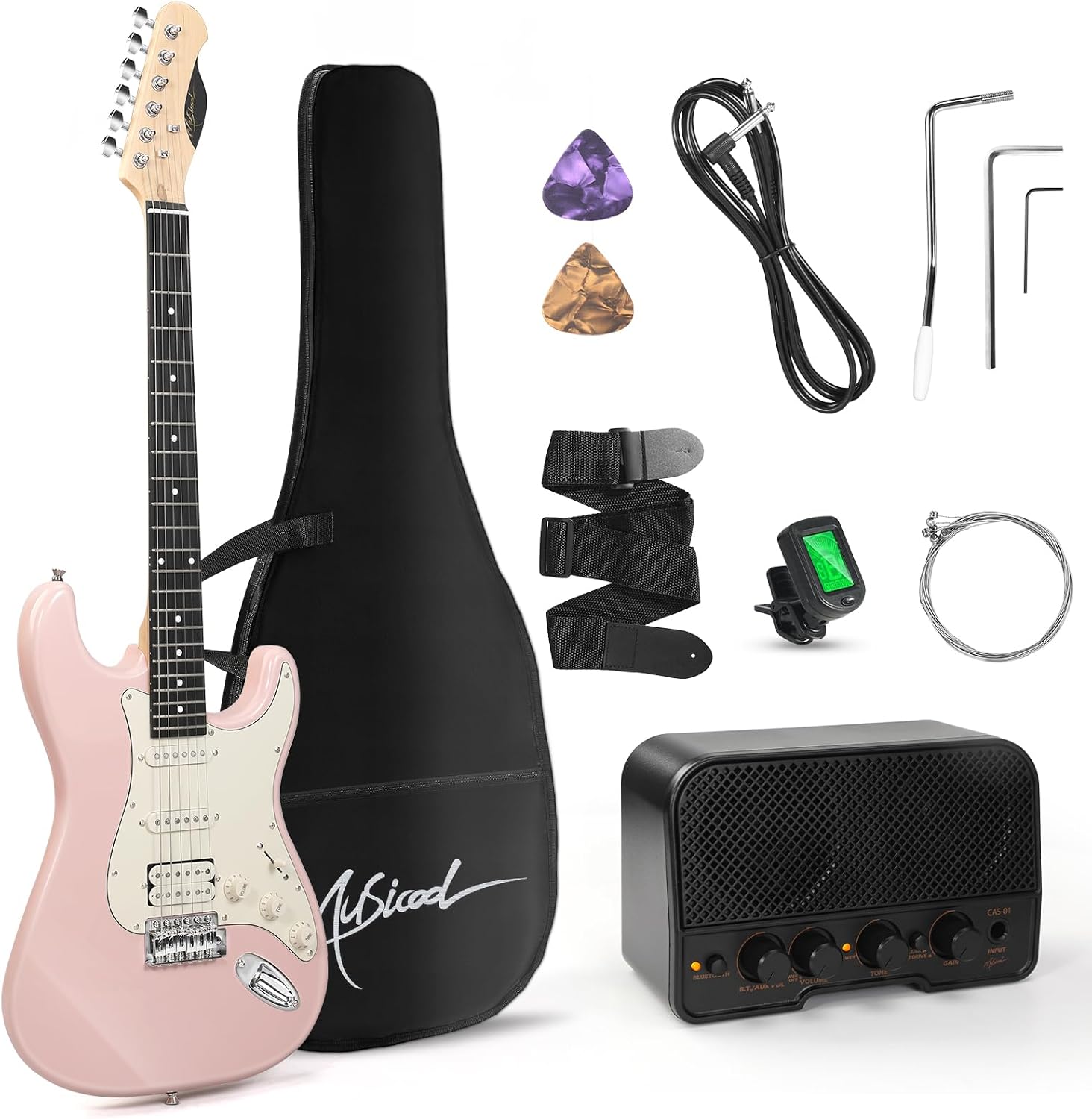 Musicool 39 Inch Electric Guitar Starter Kit– HSS Pickups Solid Body Electric Guitar Includes Amplifier, Bag, Digital Tuner, Strap, String, Cable, Picks, Beginner Gift（Pink ）