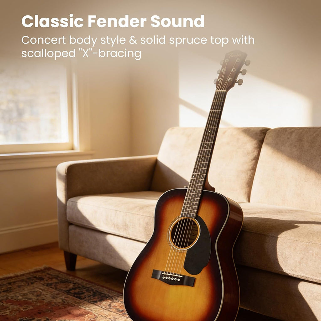 Fender CC-60S Solid Top Concert Acoustic Guitar - 3-Color Sunburst Bundle with Gig Bag, Tuner, Strap, Strings, Picks, and Austin Bazaar Instructional DVD