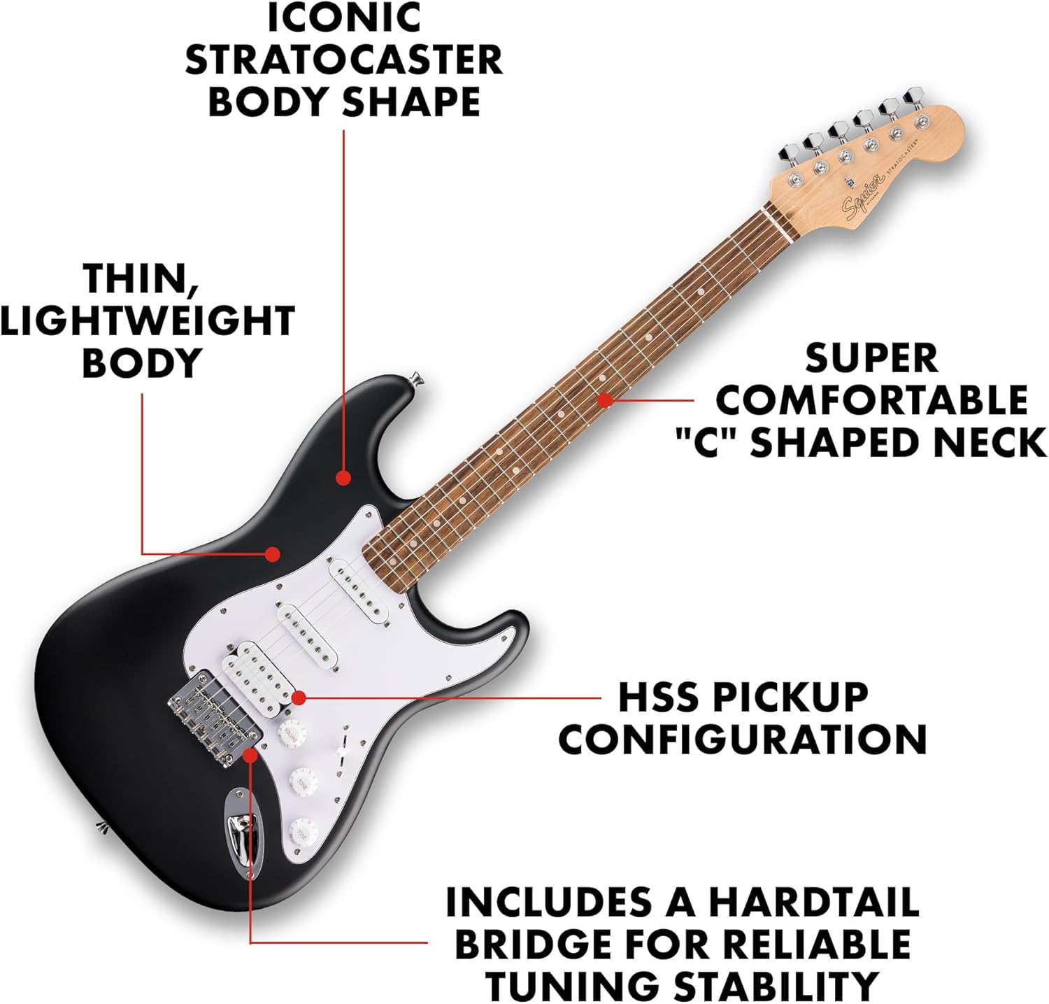Fender Squier Debut Series Stratocaster HT HSS Electric Guitar, Beginner Guitar, 2-Year Warranty, Includes Free Lessons, Black with Satin Urethane Finish