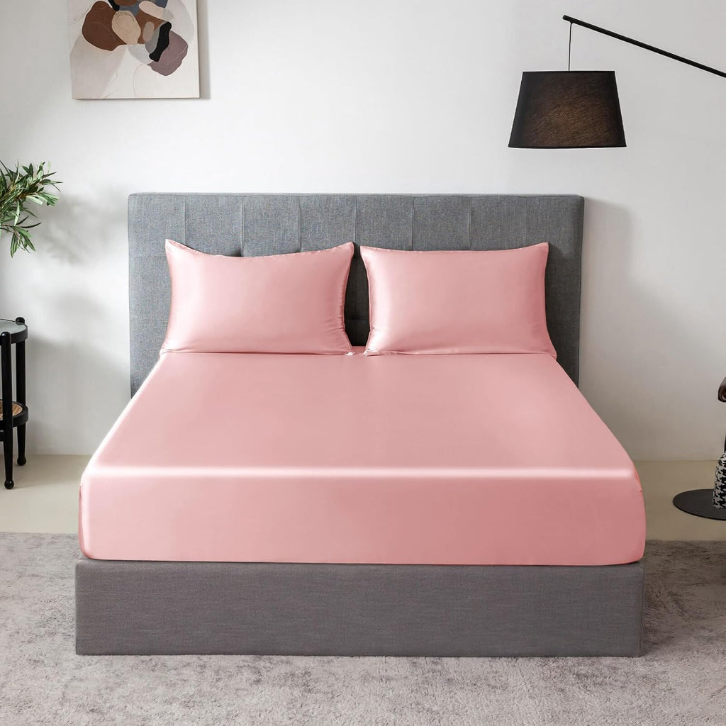 THXSILK 100% Mulberry Silk Fitted Sheet Set, 7A+ Silk 3 Pieces Bed Sheets, Breathable, Smooth, 16 Inch Deep Pocket Fitted Sheet, 2 Pillowcases - Charming Pink, Full