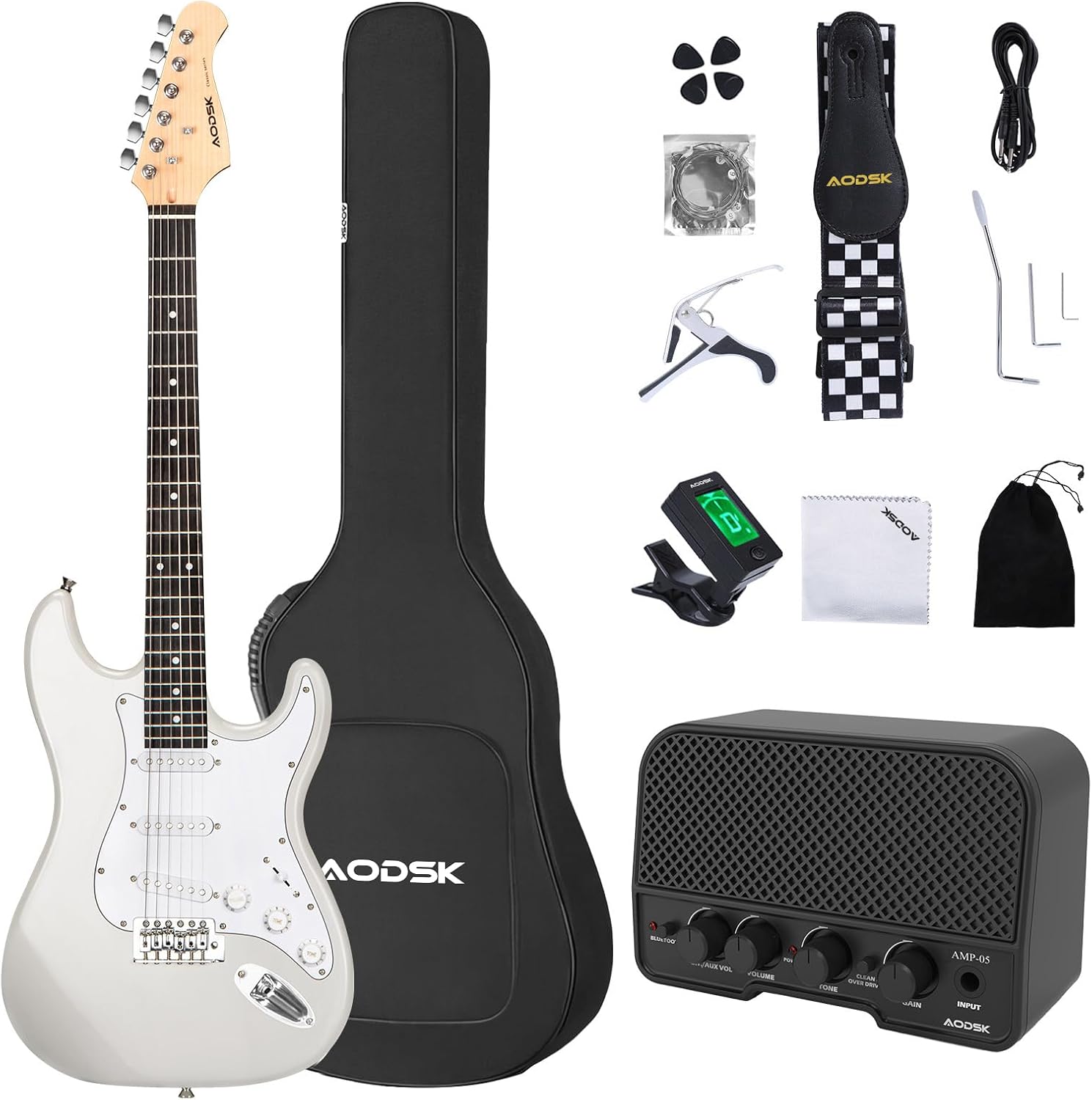 AODSK Electric Guitar with Amp Beginner Kit 39 Inch Solid Body Full Size,All Accessories,Digital Tuner,Six Strings,Four Picks,Tremolo Bar,Strap,Gig Bag,Starter kit (White-SSS)
