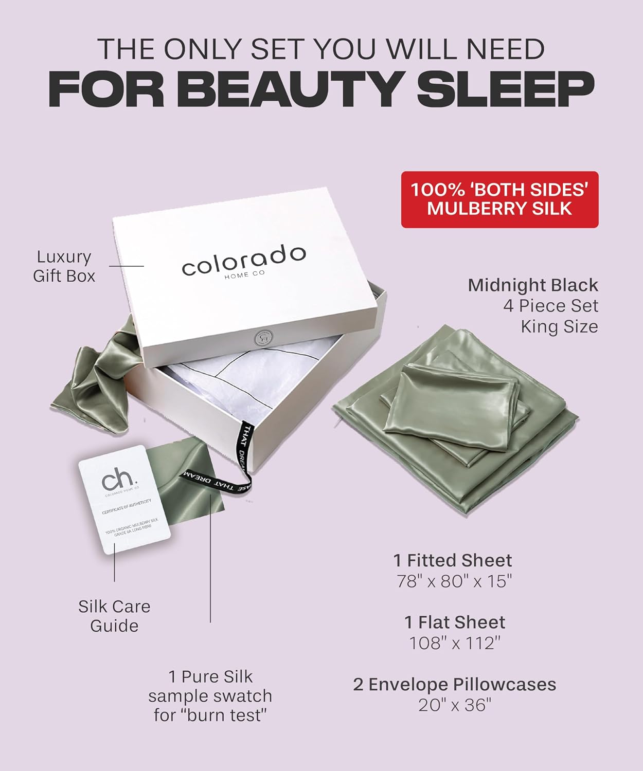 Colorado Home Co SUNDAYSILKS™ | 100% Mulberry Silk Bed Sheets | 4PC Mulberry Silk Sheets King Size | Soft & Durable | Grade 6A Organic Real Silk Sheets Set | Sábanas de Seda [Olive]