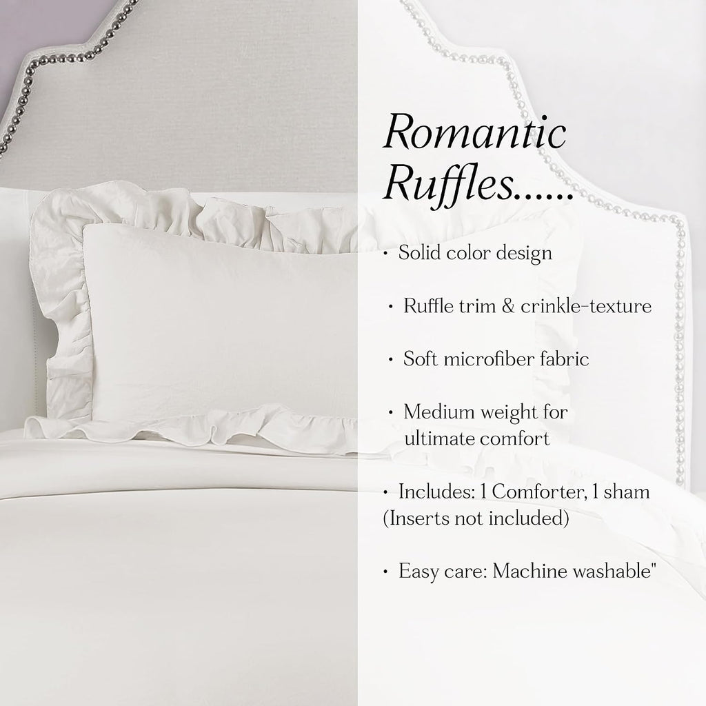 Lush Decor - Comforter Set, Soft Ruffled Bedding with Matching Sham, Cozy Essentials, Elegant Bedroom Decor (Reyna White, Twin XL)