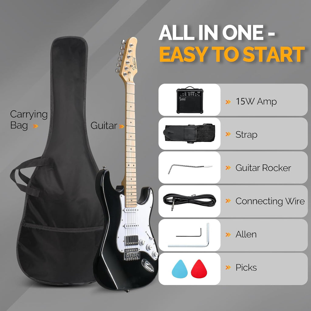 GLARRY Electric Guitar, 39' Full Size Electric Guitar Kit with HSS Pickup Coil Split for Beginner, 20W Amp and Accessories Pack Guitar Bag (Black)