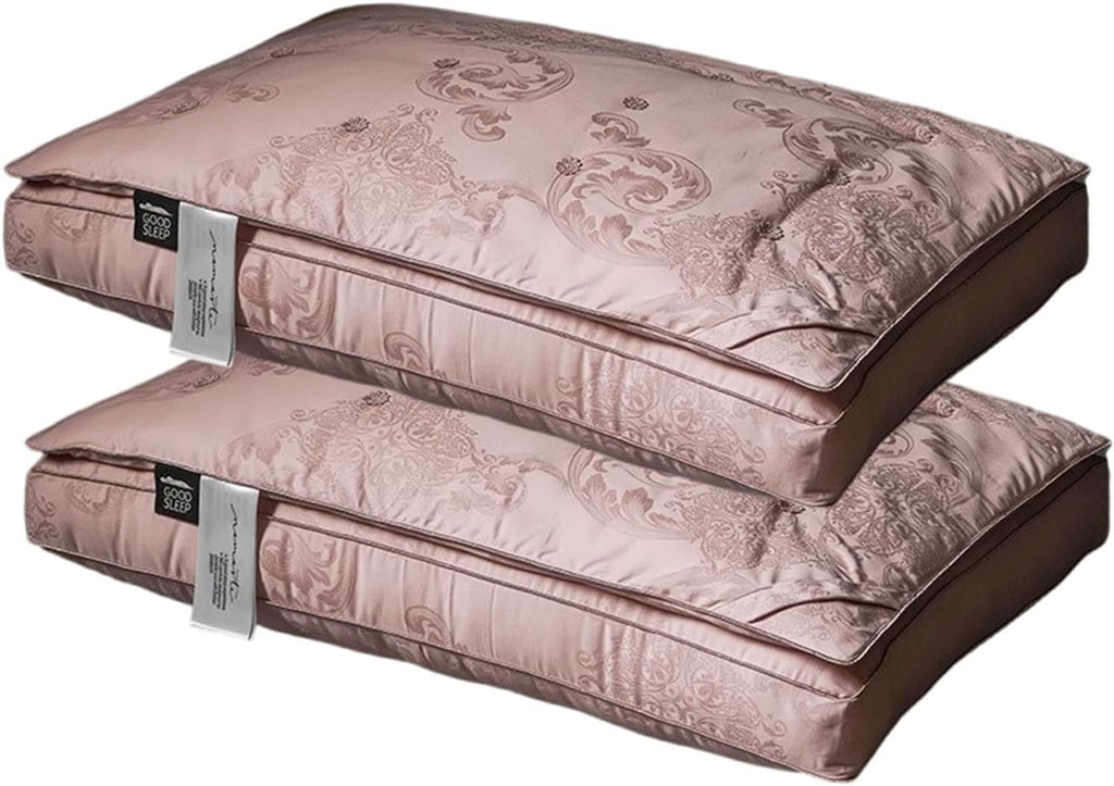 Luxury Mulberry Silk Filled Pillow 2 Pack - 100 Count Cotton Jacquard Pillowcase, Ultra-Soft & Smooth Natural Mulberry Silk Bed Pillows for Sleeping, Head & Neck Support, 48 X 74CM,Pink