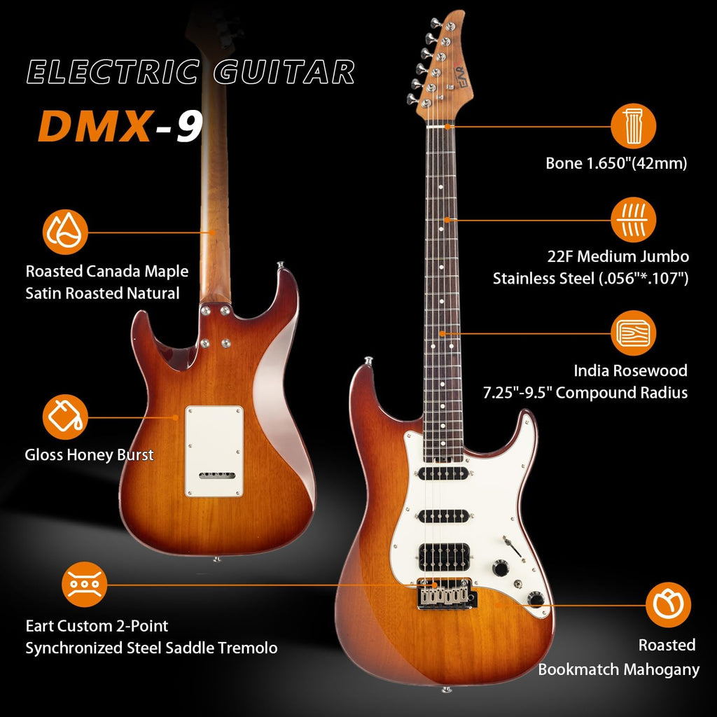 EART Electric Guitar DMX-9, 6 String Tremolo Bridge, Humbucker Pickups, Solid Body, 5-Way Switch Guitars (Honey Burst)
