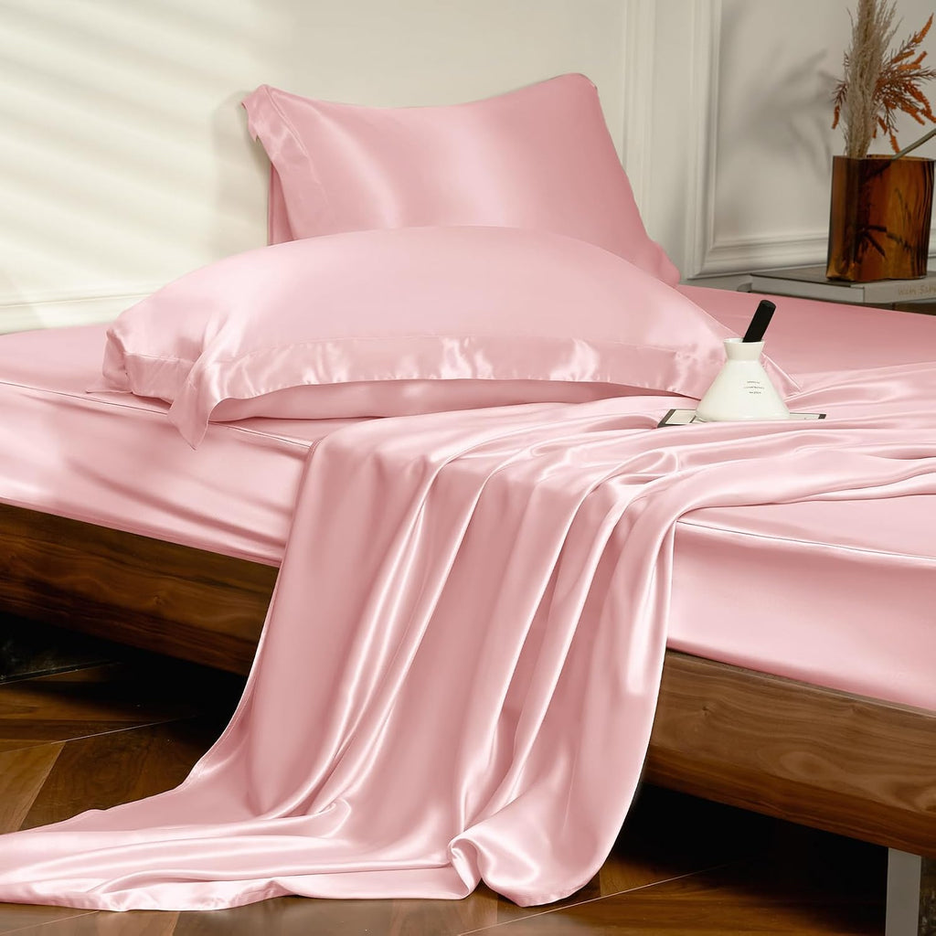 THXSILK 4pcs Silk Bed Sheets Set, 100% Long Stranded 25 Momme Mulberry Silk Bedding Set, Sheets and Pillowcase Set, Extremely Soft and Luxurious (Charming Pink, Queen)
