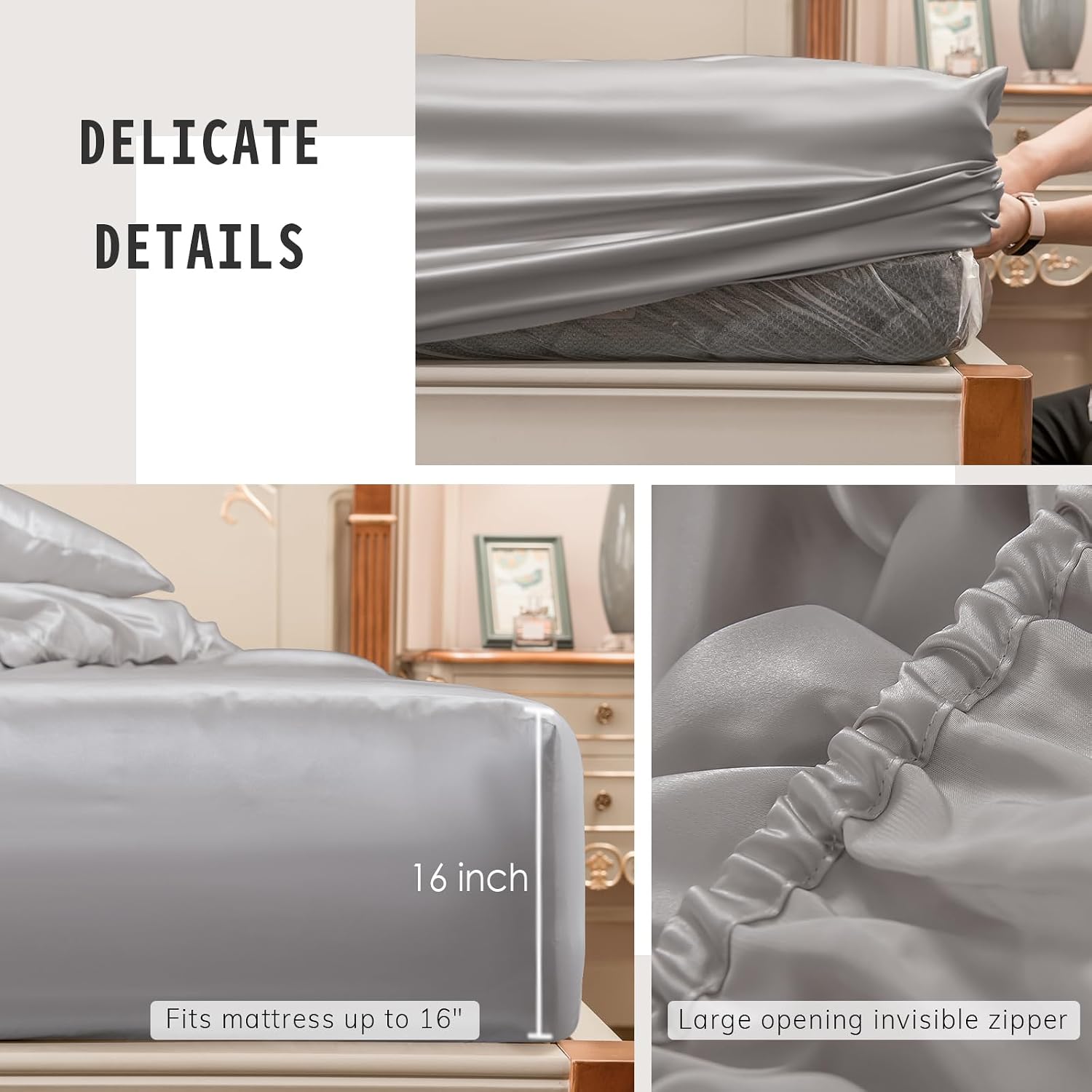 PROMEED 22 Momme Silk Sheet & Pillowcase Sets with Deep Pocket Fitted Bed Sheet and Pillowcases, All Premium Grade 6A Mulberry Silk Bed Set 3 Piece (Light Grey, California King)