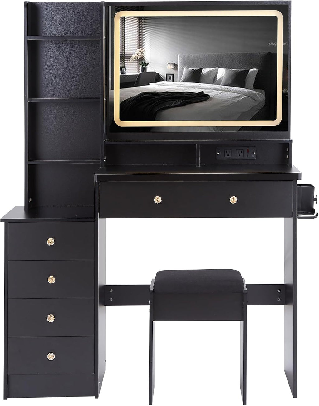 41' Queen Size Left Nightstand Dresser Set with Upholstered Stool, 2 AC Outlets + 2 USB Ports, Oversized Touch LED Mirror, 3 Colour Dimmer Switch (Black + MDF + American Design)