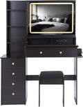 41' Queen Size Left Nightstand Dresser Set with Upholstered Stool, 2 AC Outlets + 2 USB Ports, Oversized Touch LED Mirror, 3 Colour Dimmer Switch (Black + MDF + American Design)