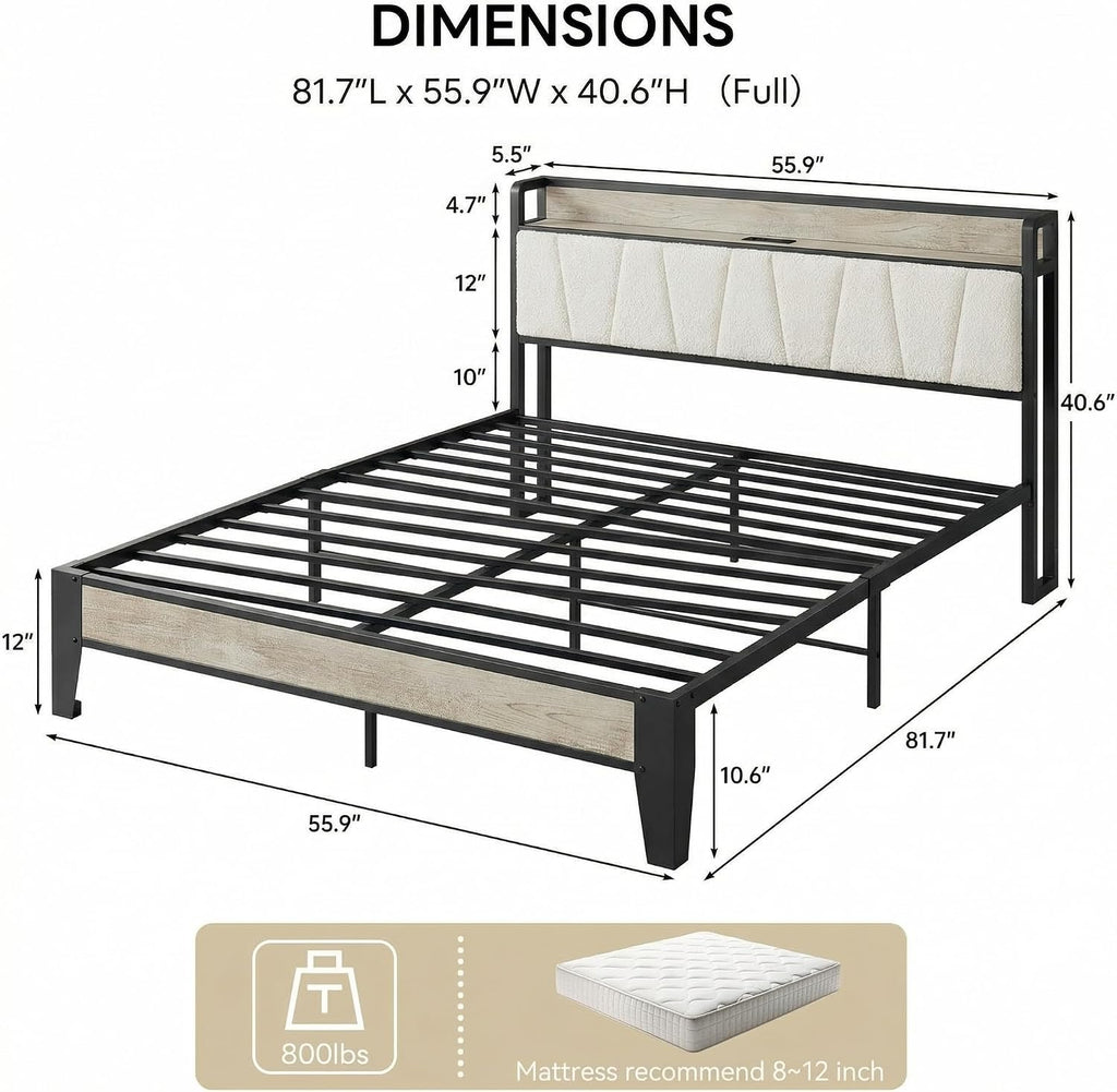 LIKIMIO Full Size Bed Frame, Storage Headboard with Charging Station, Solid and Stable, Noise Free, No Box Spring Needed, Easy Assembly (Walnut and Beige)