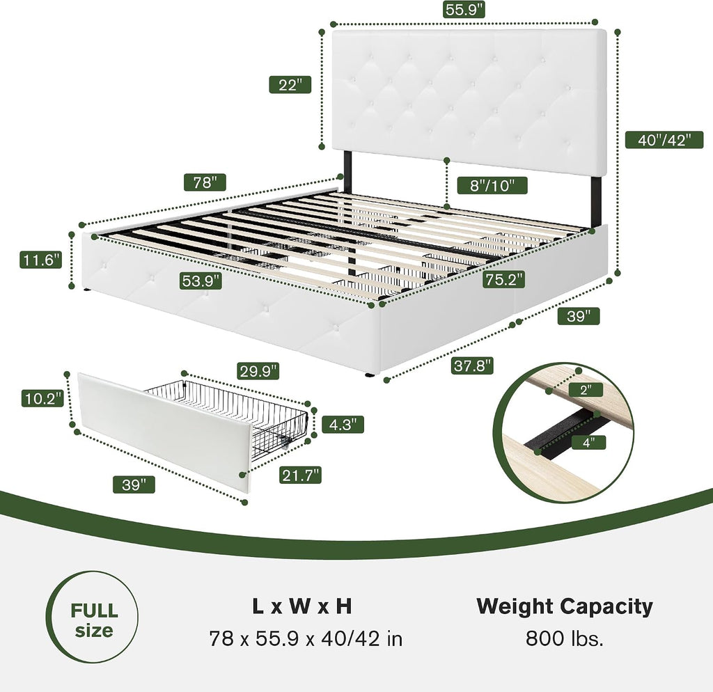 MUTICOR Full Size Bed Frame with 4 Storage Drawers, Upholstered Platform Bed with Button Tufted Adjustable Headboard, No Box Spring Needed, Easy Assembly, Diamond Tufted, White Leather
