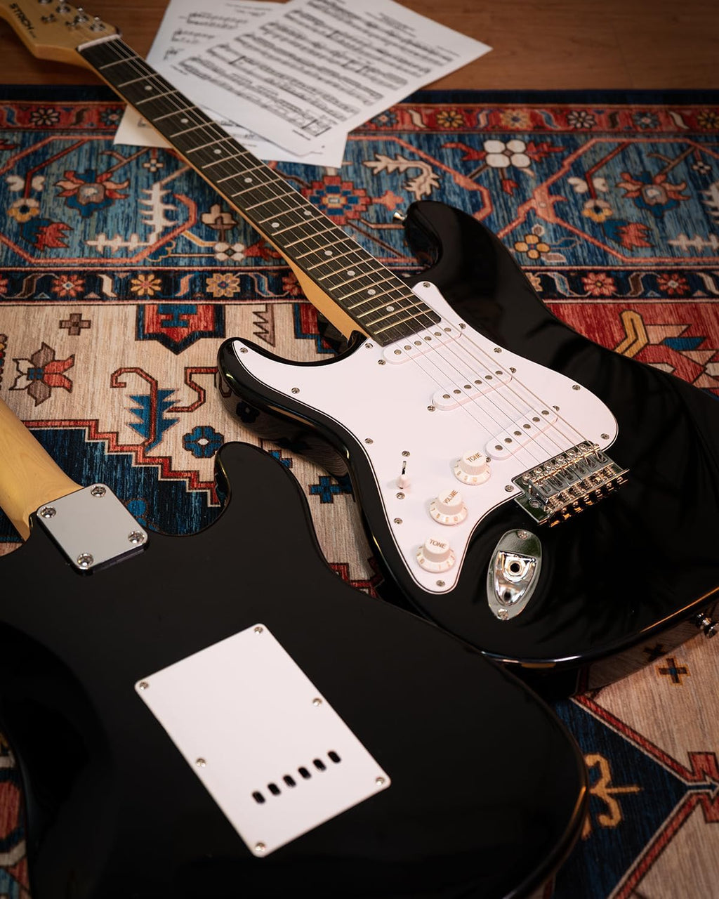 STRICH Electric Guitar Left Hand Beginner Kit, Solid Body 39' Electric Guitar SSS Pick Up for Starter, with 5W x 2 Amp, Bag, Tuner, Capo, Strap, String, Cable, Picks, SST-S10L Black