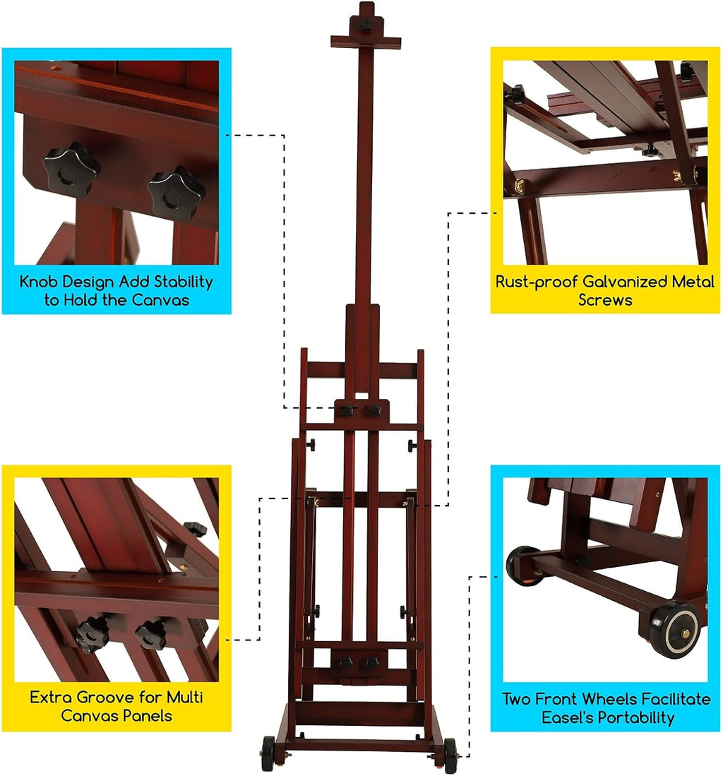 MEEDEN Multi-Function Studio Easel,H-Frame Easel,Painting Easel for Adults,Artist Easel,Floor Easel,Solid Beech Wooden Easels w/Front Wheels,Holds Canvas Art up to 77' - Deep Walnut