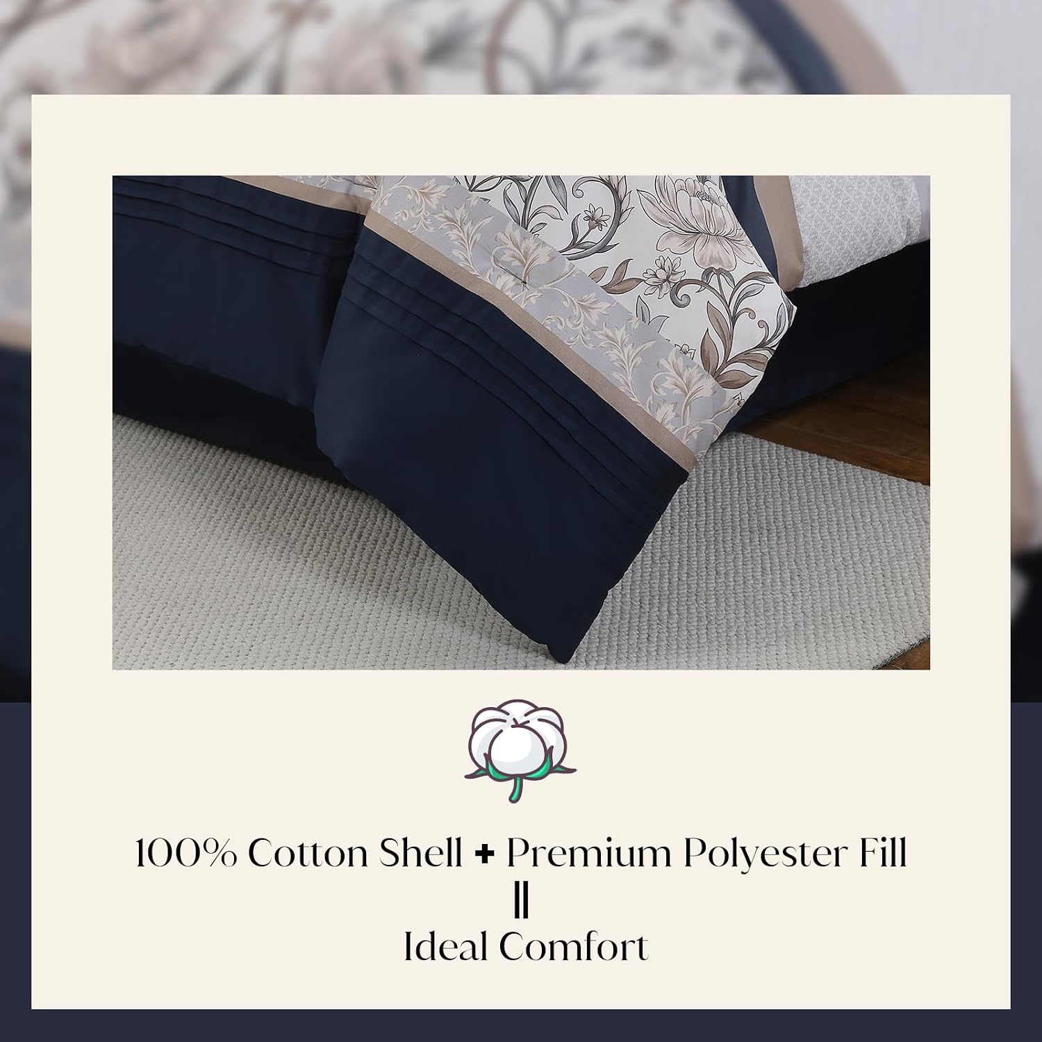 CozyDH 7-Piece Vintage Vine Floral Comforter Set, Navy Beige, Queen - 300TC Cotton Luxury Farmhouse Pleated Design, All-Season Down Alternative Bedding with Bedskirt, Shams, Decor Pillows, 90x90 in