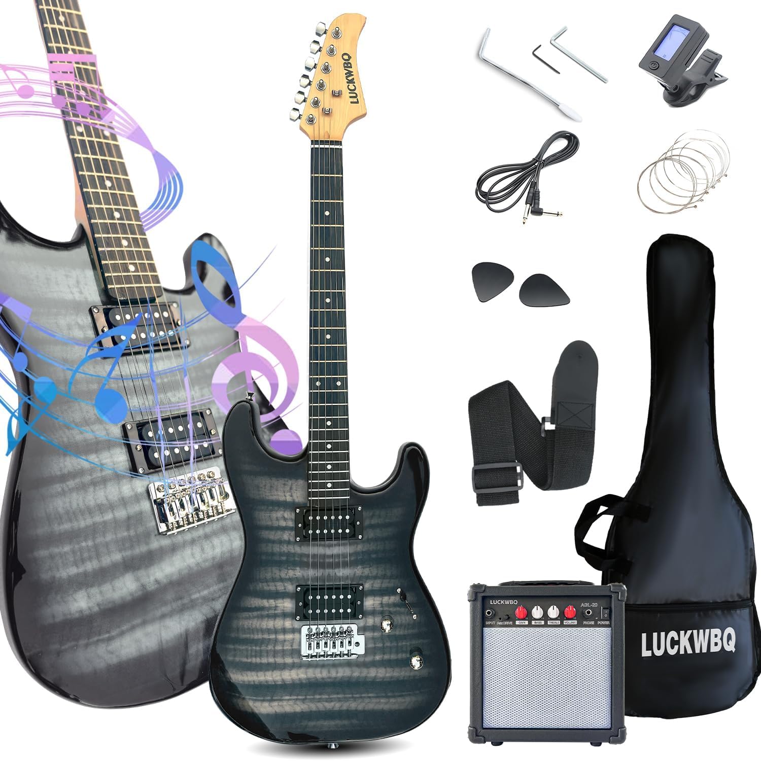 39' Full Size ST Style Electric Guitar Starter Kit with HH Pickup, 20W Portable Amp, Tuner, Gig Bag, Strap & Accessories (Black Flame)
