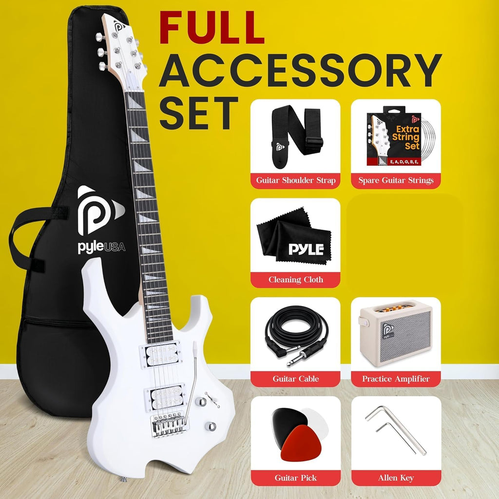 Pyle Heavy Metal EG Fire Electric Guitar Axe w/ Amplifier Kit, Full Size Instrument w/ Practice Amp & Accessories, Metal Axe, White