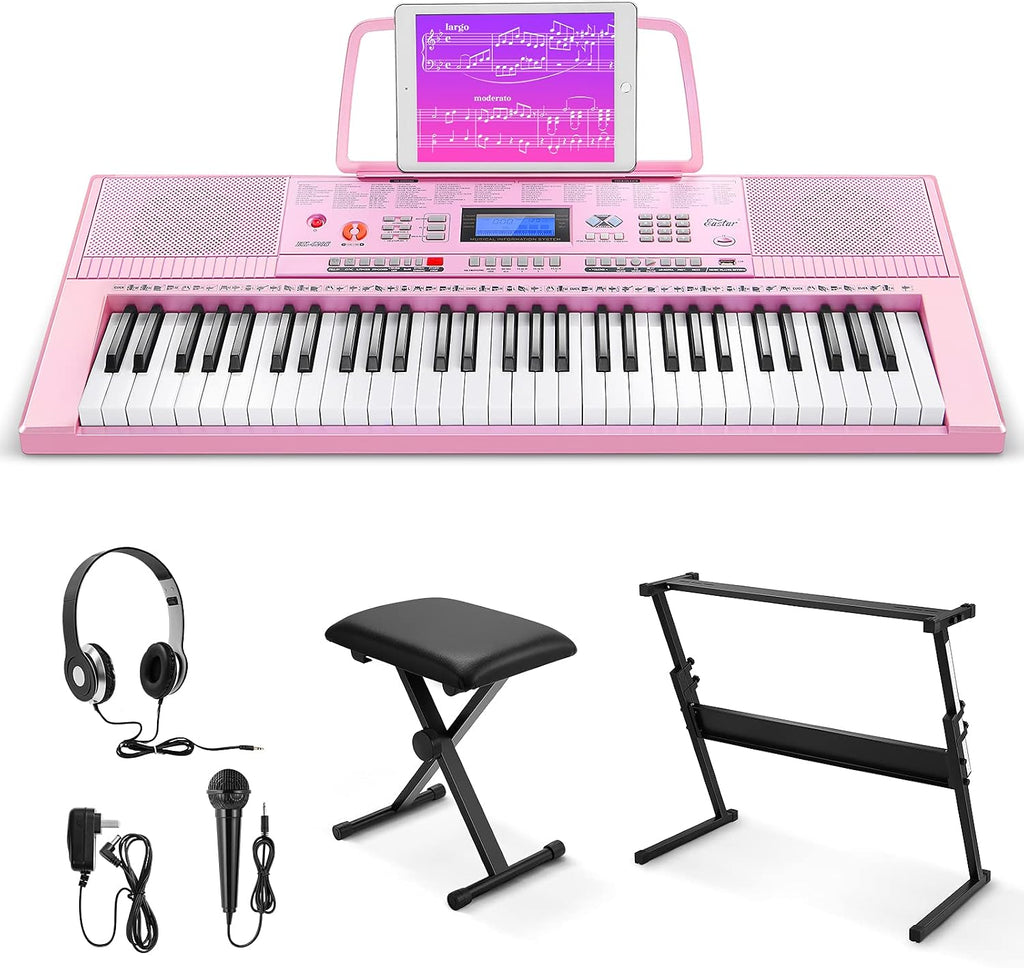 Eastar Electronic Keyboard Piano Kit 61 Key for Beginner, Children Digital E Piano with Stand, Bench, Music Stand and Microphone, Pink, Musical Instrument Birthday Gifts for Kids Girls Daughter