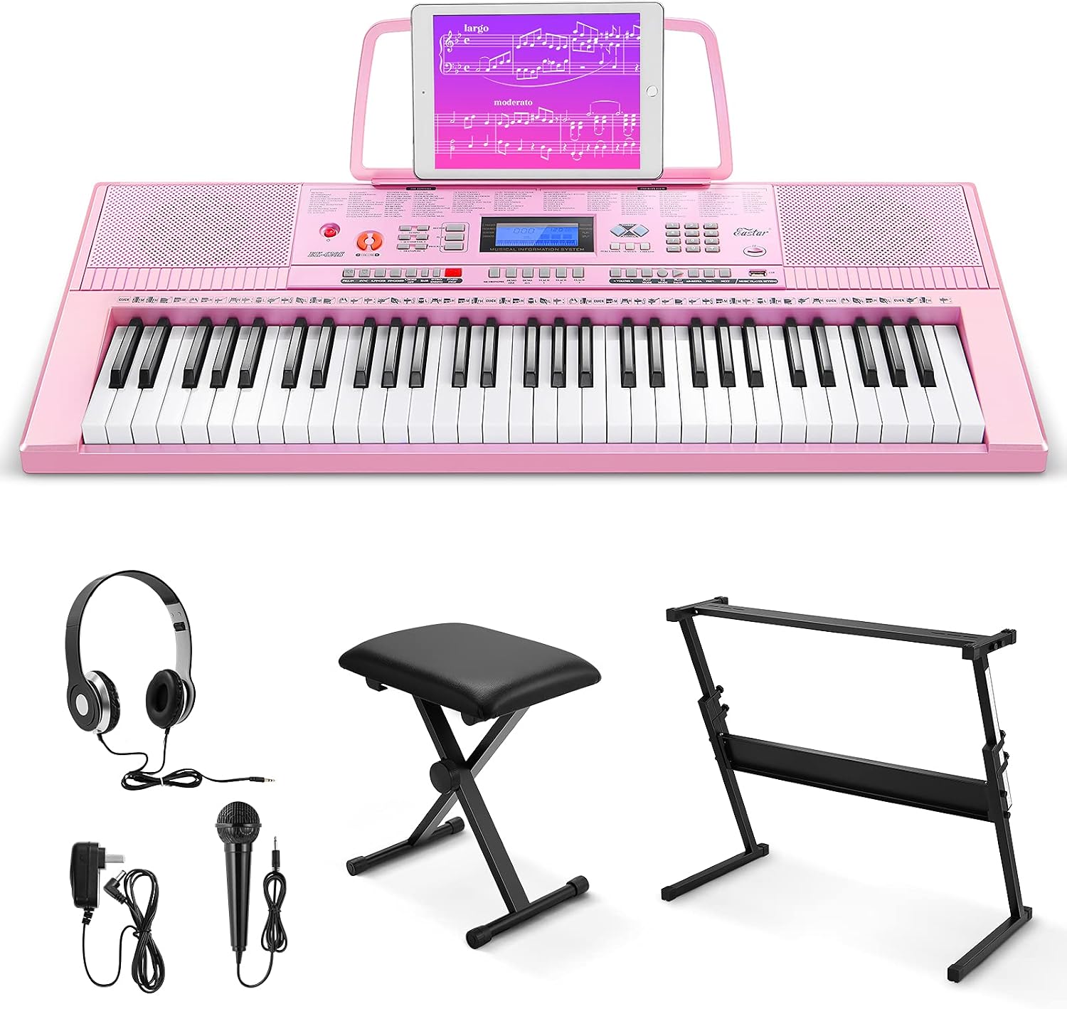Eastar Electronic Keyboard Piano Kit 61 Key for Beginner, Children Digital E Piano with Stand, Bench, Music Stand and Microphone, Pink, Musical Instrument Birthday Gifts for Kids Girls Daughter