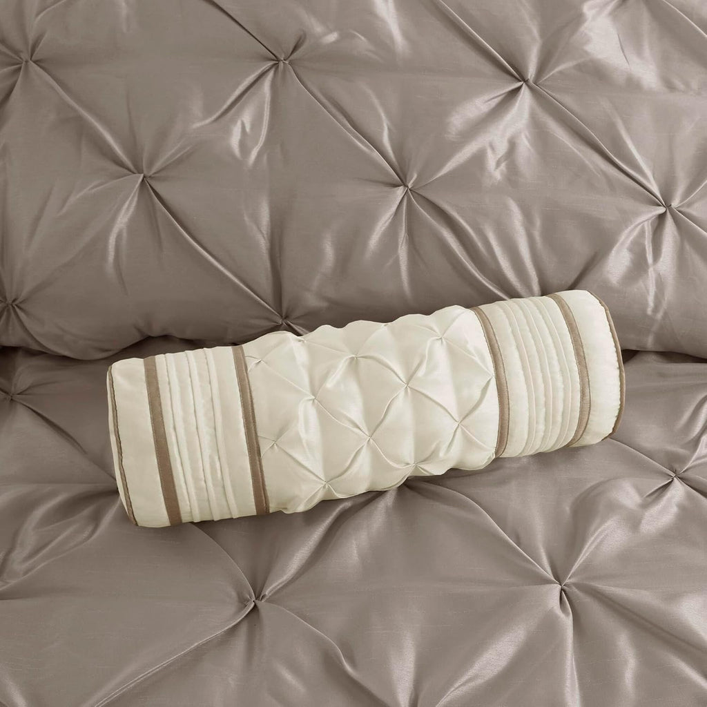 Madison Park Laurel Cozy Comforter Set - Traditional Tufted Faux Silk Design, All Season Down Alternative Bedding with Matching Shams, Decorative Pillow, Taupe Cal King(104'x92') 7 Piece