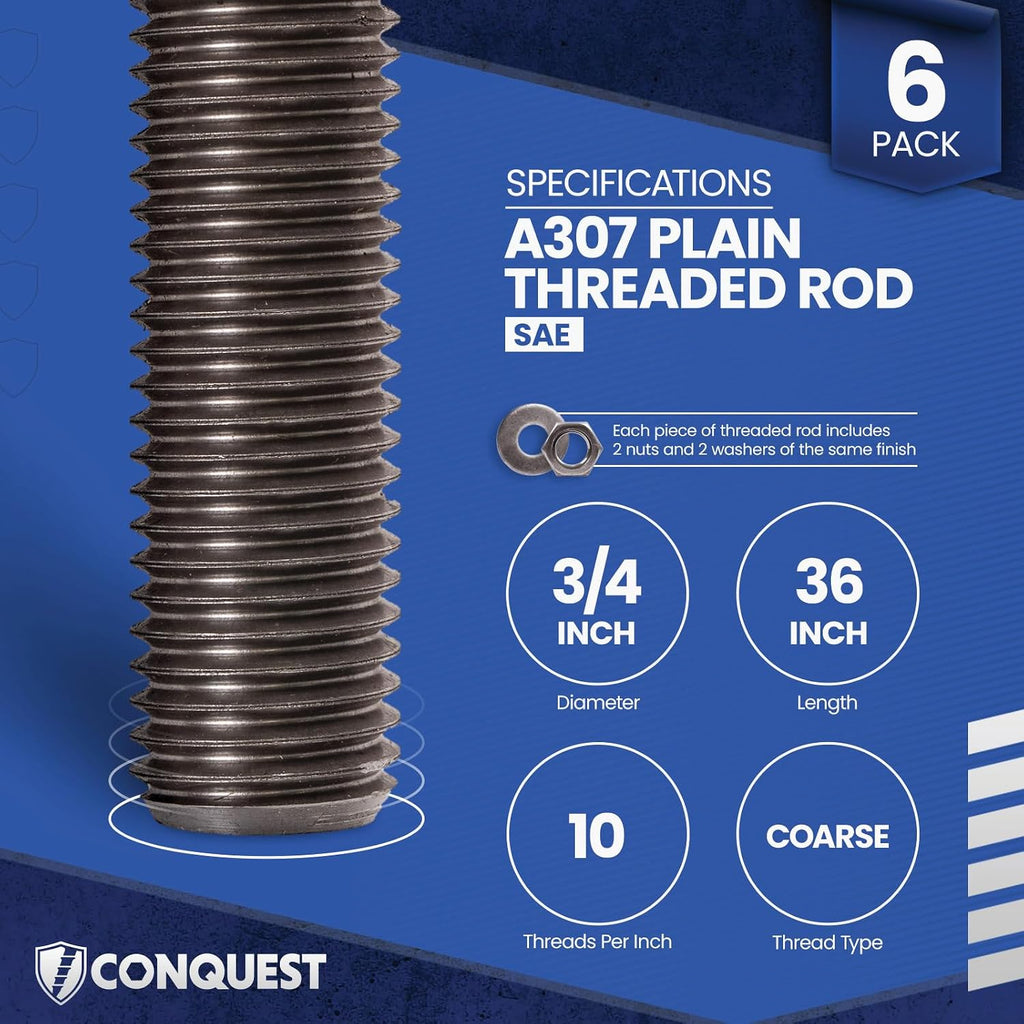 Conquest A307 Unfinished Threaded Rod 3/4'-10 x 36 Inches (6-Pack) - Coarse Threaded All-Thread Rods - ASTM A307 Grade A Standard