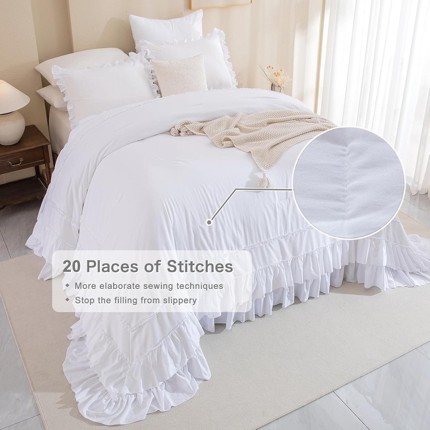 Masaca Oversized King Comforter 128x120,White Shabby Boho Chic Farmhouse Bedding Comforter with Ruffles,3 Pieces Vintage Lightweight and Soft French Country Bedding Set