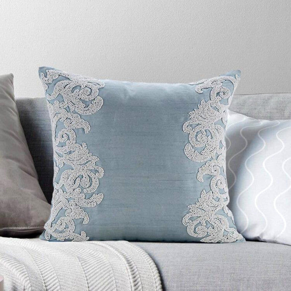 HomeCentric Light Blue Euro Size Pillow Shams Pack of 2 - 26x26 inch (65x65 cm) Silk Euro Shams with French Toile Floral Border Beaded Victorian European Sham Covers - White Waters