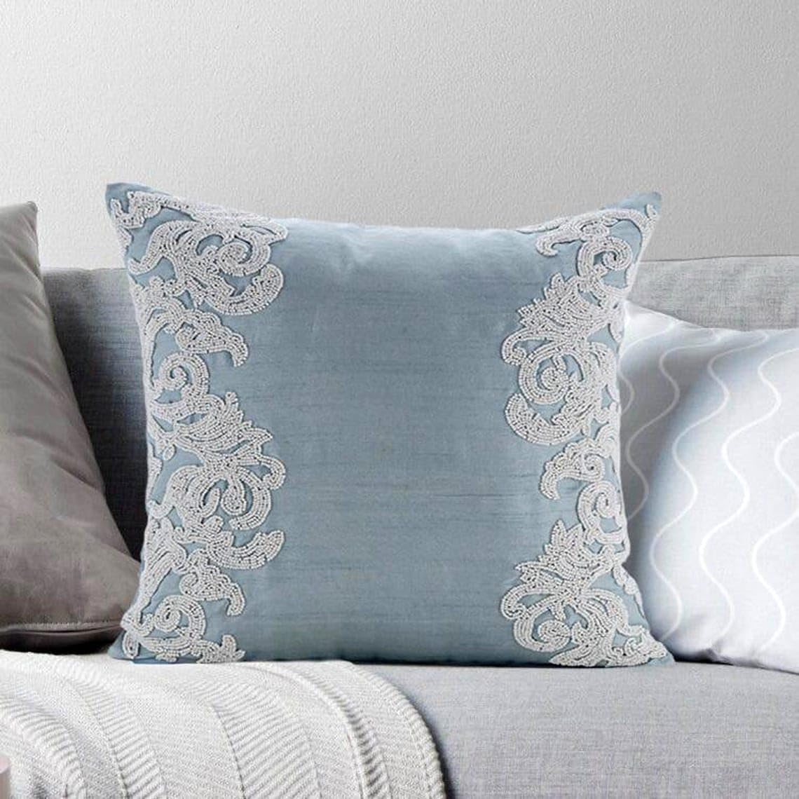 HomeCentric Light Blue Euro Size Pillow Shams Pack of 2 - 26x26 inch (65x65 cm) Silk Euro Shams with French Toile Floral Border Beaded Victorian European Sham Covers - White Waters