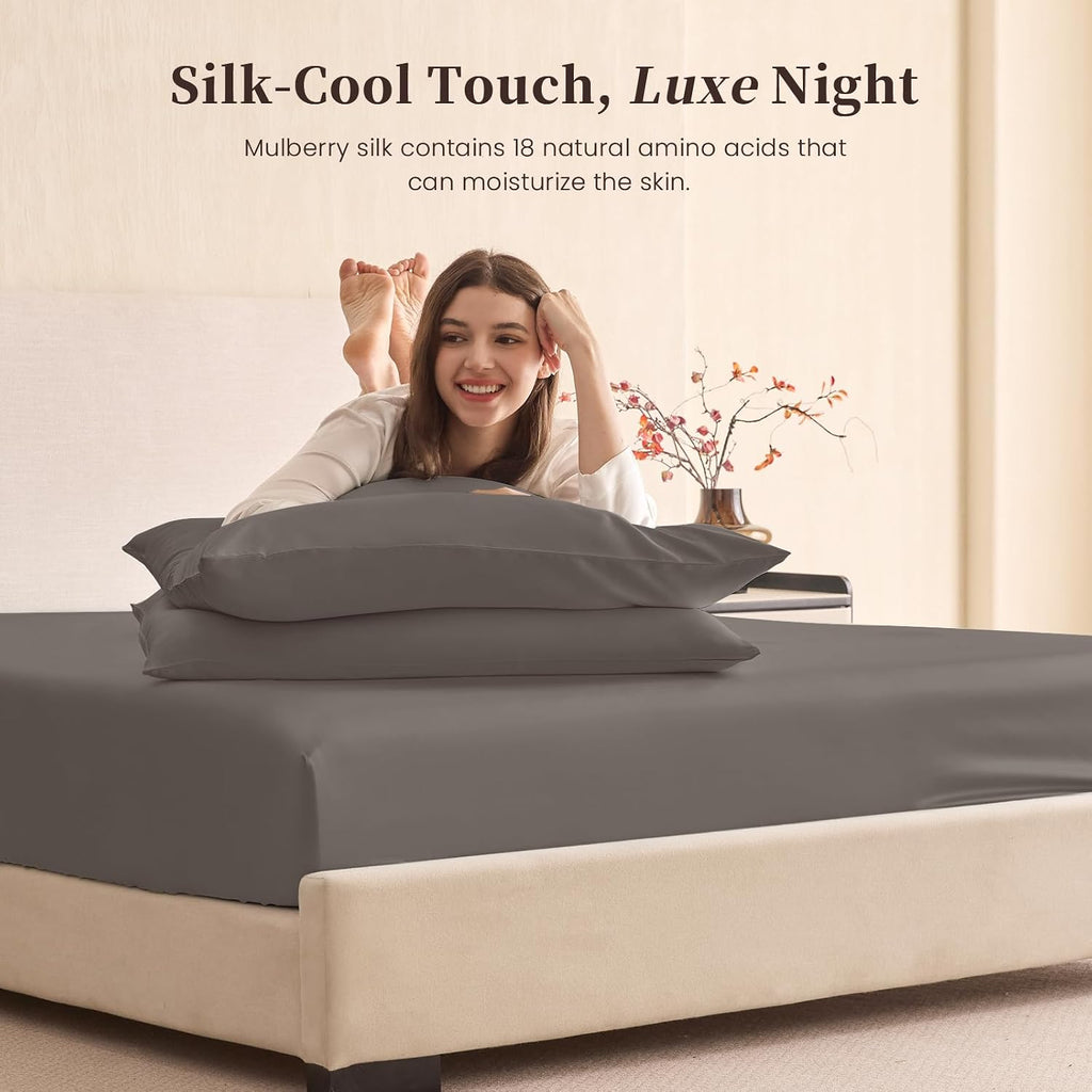 THXSILK 6A+ Top Grade 100% Pure Mulberry Silk King Fitted Sheet 3Pcs Set Bed Sheets Luxury Bedding for Hair and Skin Breathable Natural Materials, 1 Fitted Sheet with 2 Pillowcases, Charcoal