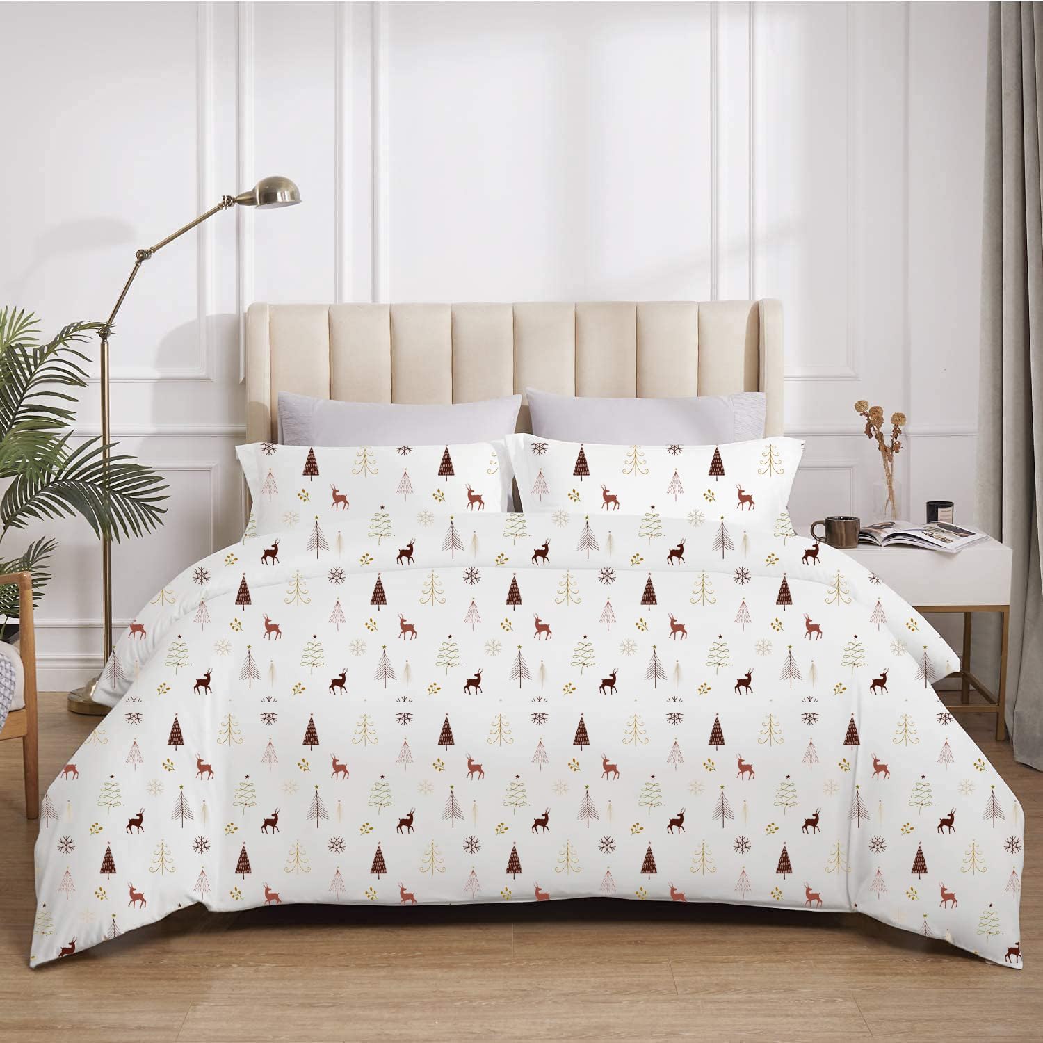 White Christmas Print Duvet Cover Set Oversized King Plus 120x128 Inch, 100% Cotton Soft Breathable Holiday Bedding Set with Zipper Closure & Corner Ties, Reindeer & Tree Pattern with 2 Pillow Shams