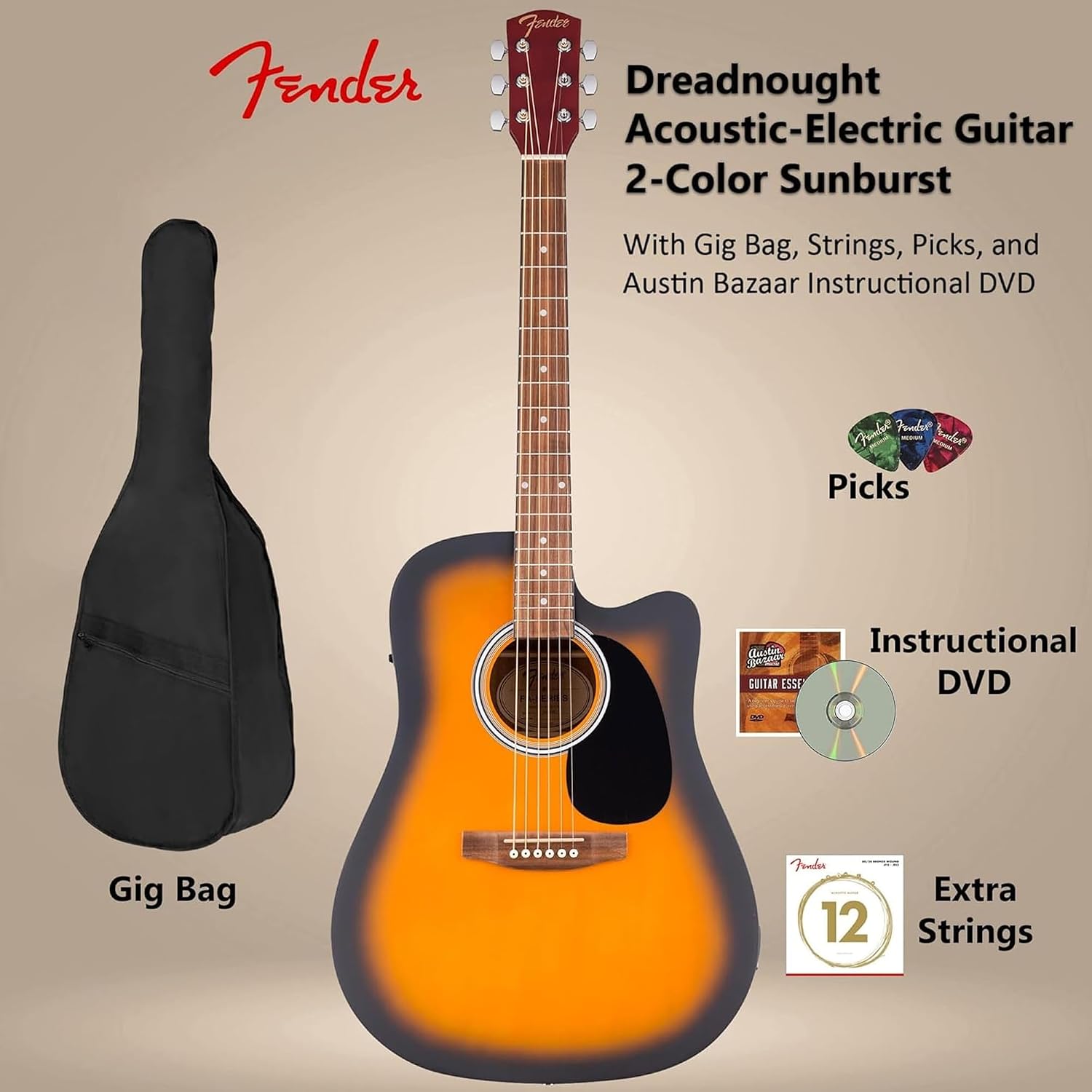Fender FA Series Dreadnought Acoustic-Electric Guitar - 2-Color Sunburst Bundle with Gig Bag, Strings, Picks, and Austin Bazaar Instructional DVD