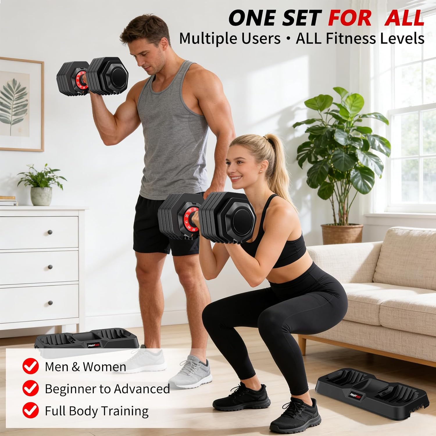 Adjustable Dumbbell Set Pair 25 lb or 50 lb, Adjustable Dumbbells 10-in-1 Free Weight Set, 1-Second Dial Weight Adjustment,Space-Saving Design with Storage Base, Home Gym Strength Training Equipment