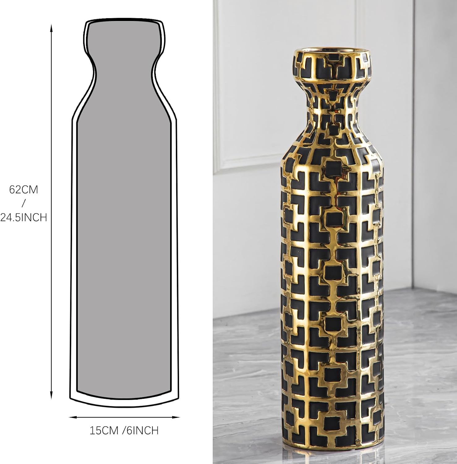 Pair of 24.4' Tall Ceramic Cylinder Vases with Geometric Gold Accents, Large Flower Vase, Decorative Vase - Modern Black & Gold Floor Vases for Living Room, Entryway Decor (Set of 2)