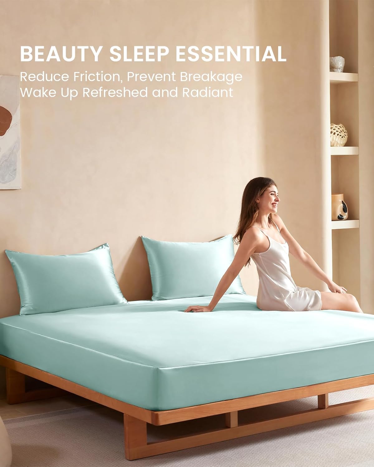 THXSILK Silk Sheet Set 3 Pcs, King Size Sheet Set, Soft Breathable Bed Sheets with 1 Fitted Sheet, 2 Pillowcases with Zipper Closure, Cooling for Hot Sleeper, Light Blue