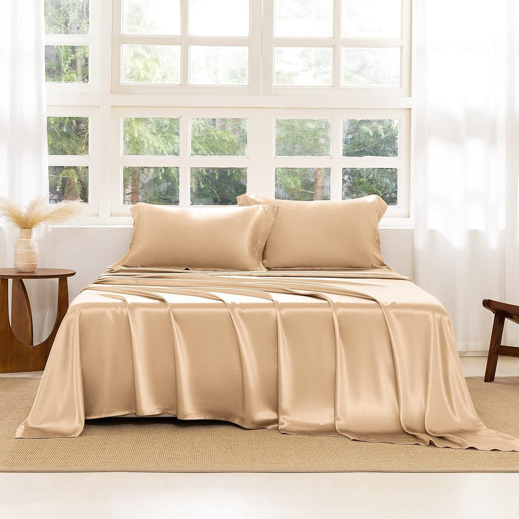 THXSILK Silk Sheet Set 4 Pcs, King Size Sheet Set, 22 Momme 7A+ Silk Sheets, Soft and Breathable Bed Sheets with 1 Flat Sheet, 1 Fitted Sheet, 2 Pillow Shams, Champagne