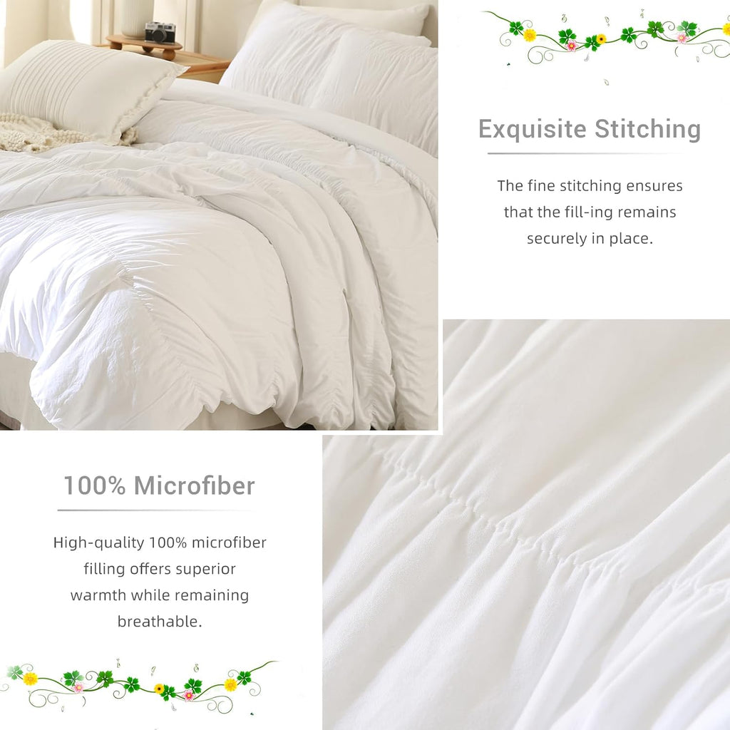 Lady Ann Oversized King Size Comforter Sets 128x120- White Ruched Bedroom Sets, Fluffy Bedding Comforter Sets, Soft & Luxurious All Season Bed Sets for Women Men, 3pcs