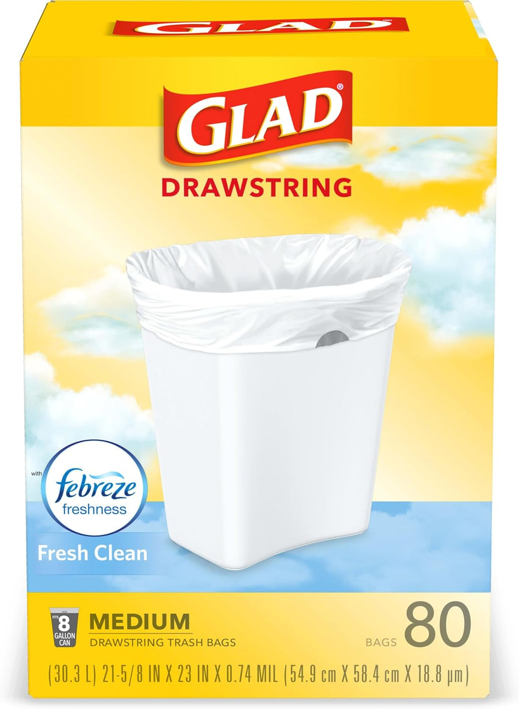 Glad Medium Trash Bags, 8 Gallon, Febreze Fresh Clean Garbage Bags, With Odor Control and Drawstring, 80 Count (Pack of 12)