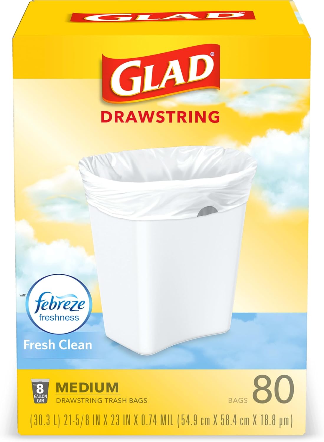 Glad Medium Trash Bags, 8 Gallon, Febreze Fresh Clean Garbage Bags, With Odor Control and Drawstring, 80 Count (Pack of 12)