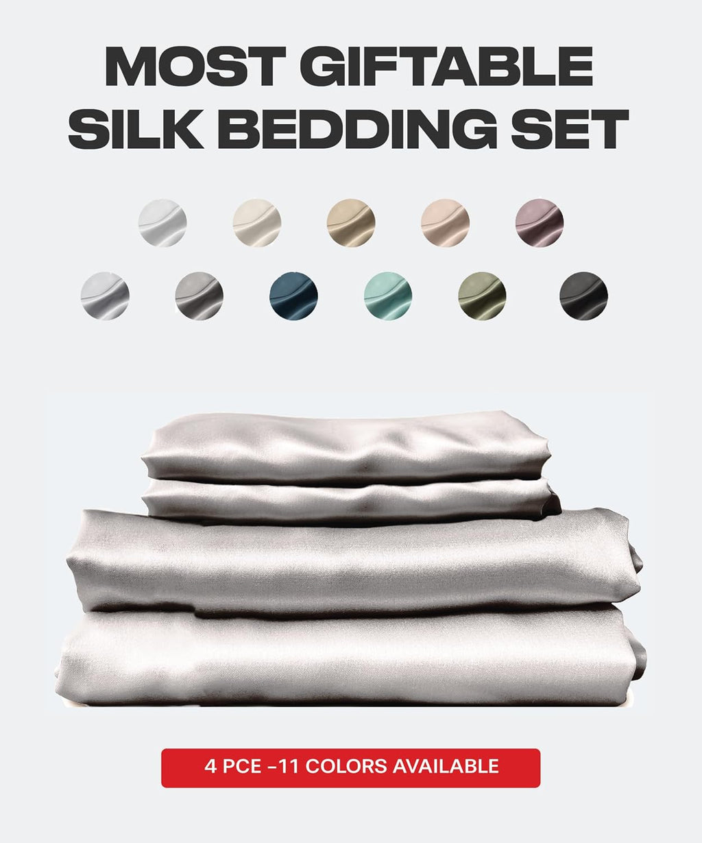 Colorado Home Co SUNDAYSILKS | 100% Mulberry Silk Bed Sheets | King Size | 4PC Set | Soft & Durable | Grade 6A Organic Real Silk | Off White